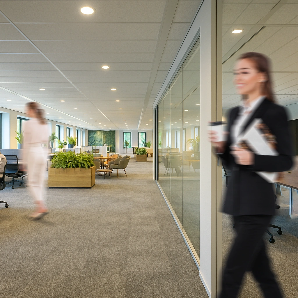Moderne kantoorgang met glazen vergaderruimte, planten en twee mensen in zakelijke kleding in beweging.