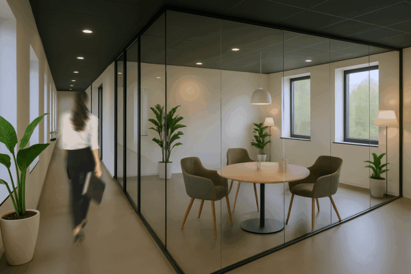 Moderne vergaderruimte met glazen wanden, ronde tafel, vier stoelen en sierplanten, met een vrouw die door de gang loopt.