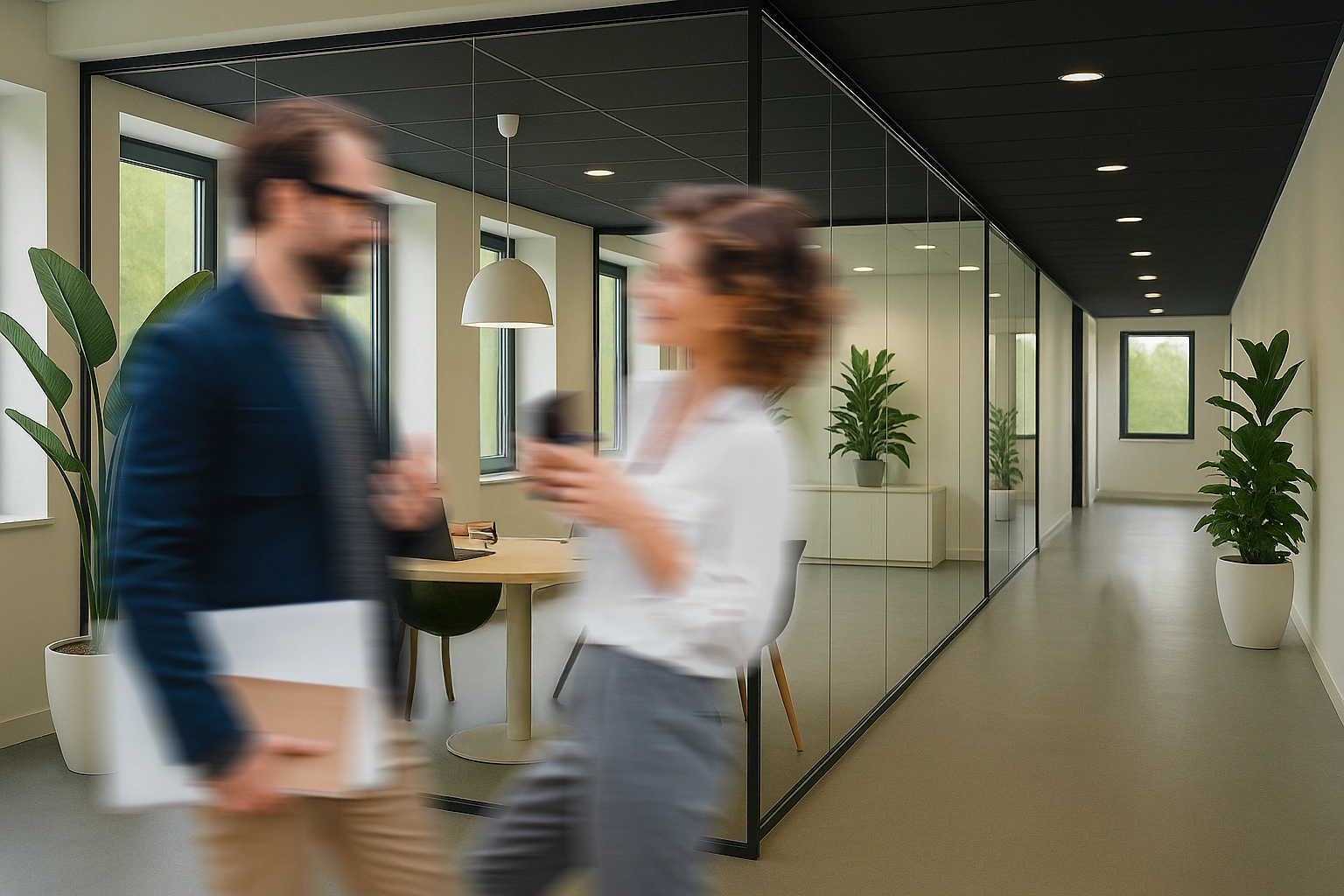 Twee mensen lopen door een modern kantoor met glazen wanden en veel groene planten.