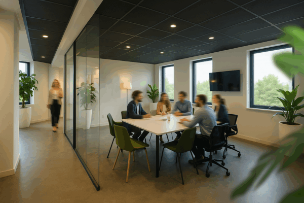 Zes mensen zitten in een moderne vergaderruimte rond een tafel, terwijl één persoon de kamer binnenloopt.