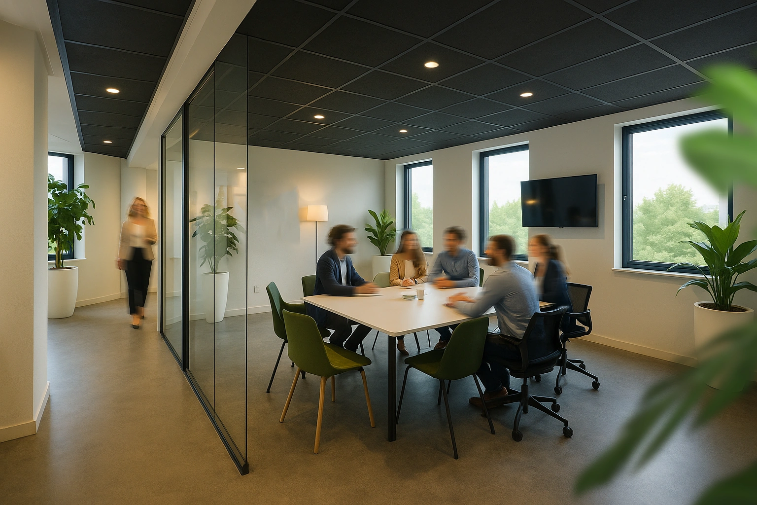 Zes mensen zitten in een moderne vergaderruimte rond een tafel, terwijl één persoon de kamer binnenloopt.