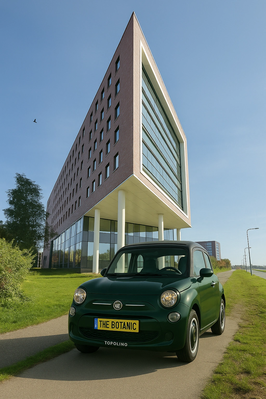 Donkergroene Fiat Topolino met het kenteken "THE BOTANIC" staat geparkeerd voor een modern, puntig kantoorgebouw.