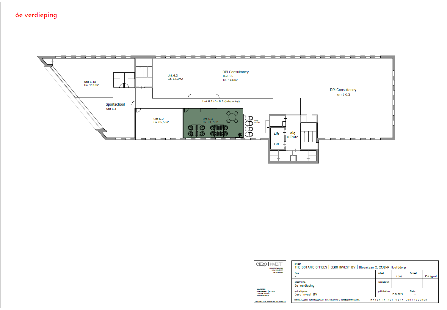 Plattegrond van de 6e verdieping van The Botanic Offices met diverse units, waaronder een sportschool en kantoren van DPI Consultancy.