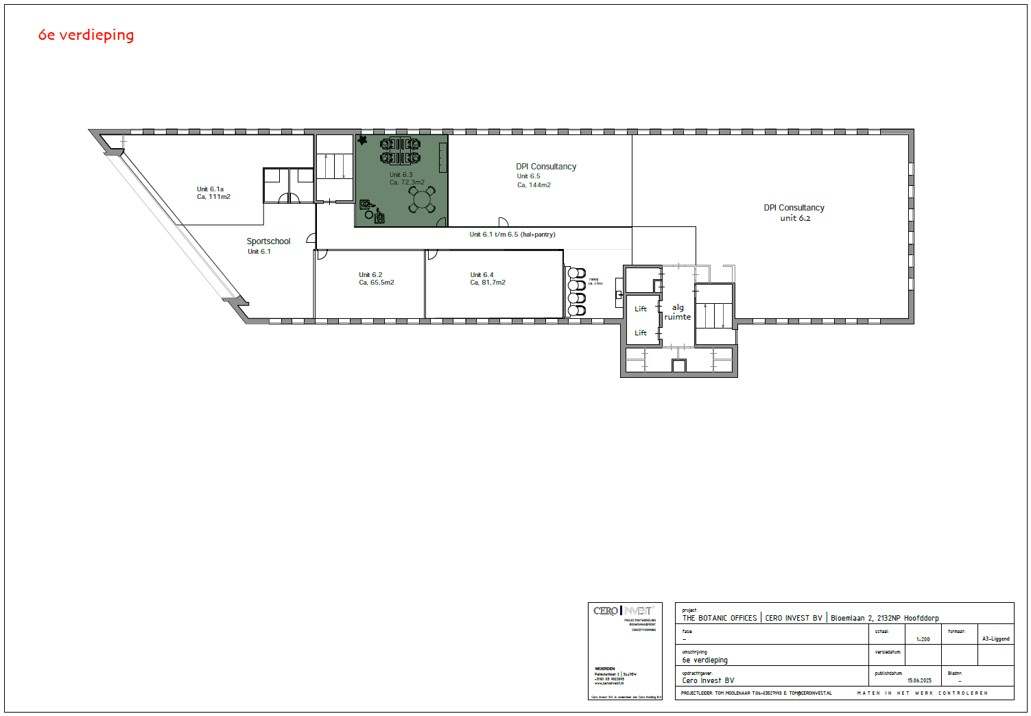 Plattegrond van de 6e verdieping van The Botanic Offices met diverse units, waaronder kantoren, een sportschool en algemene ruimtes.