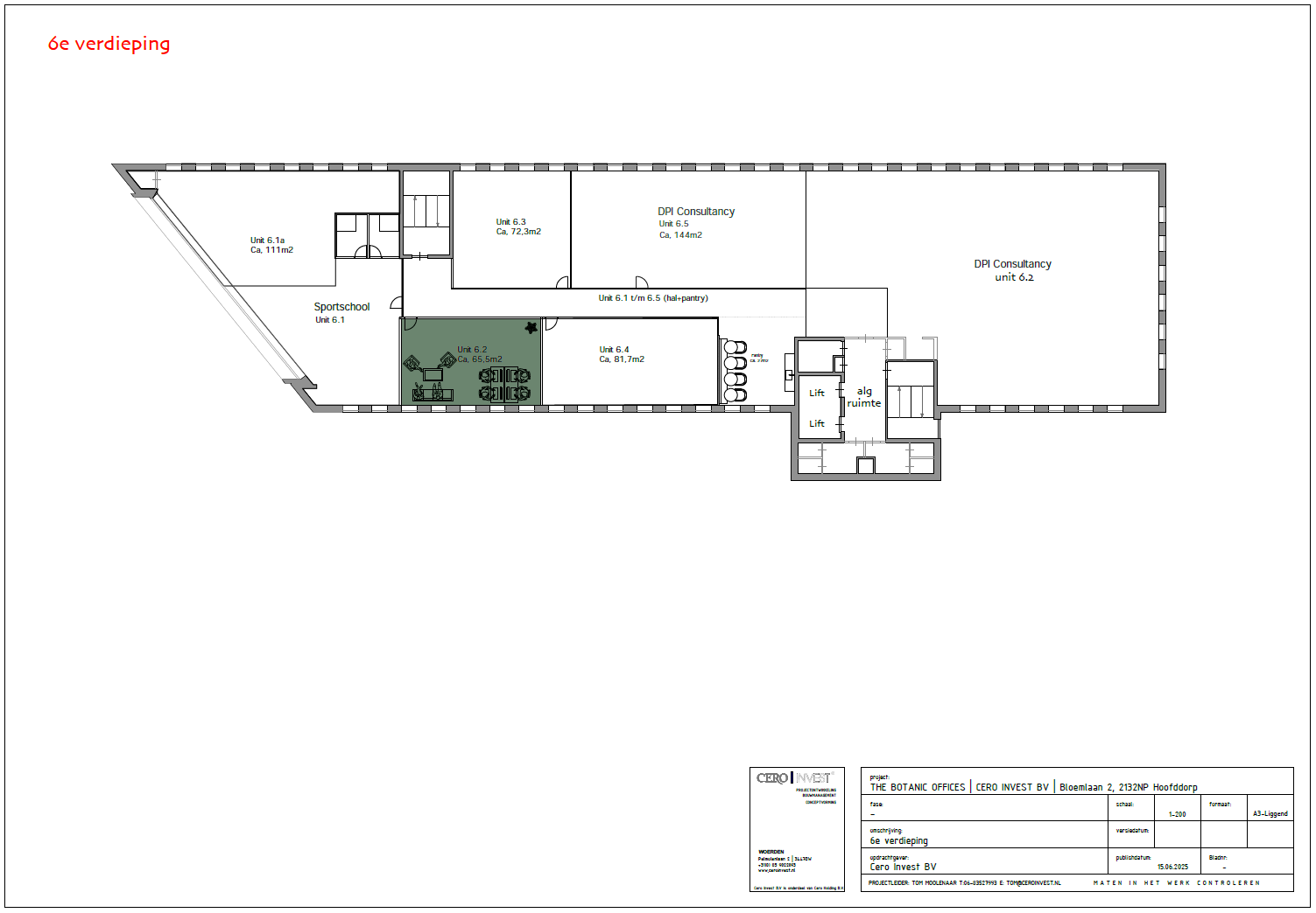 Plattegrond van de 6e verdieping van The Botanic Offices met diverse units, waaronder een sportschool en kantoren van DPI Consultancy.