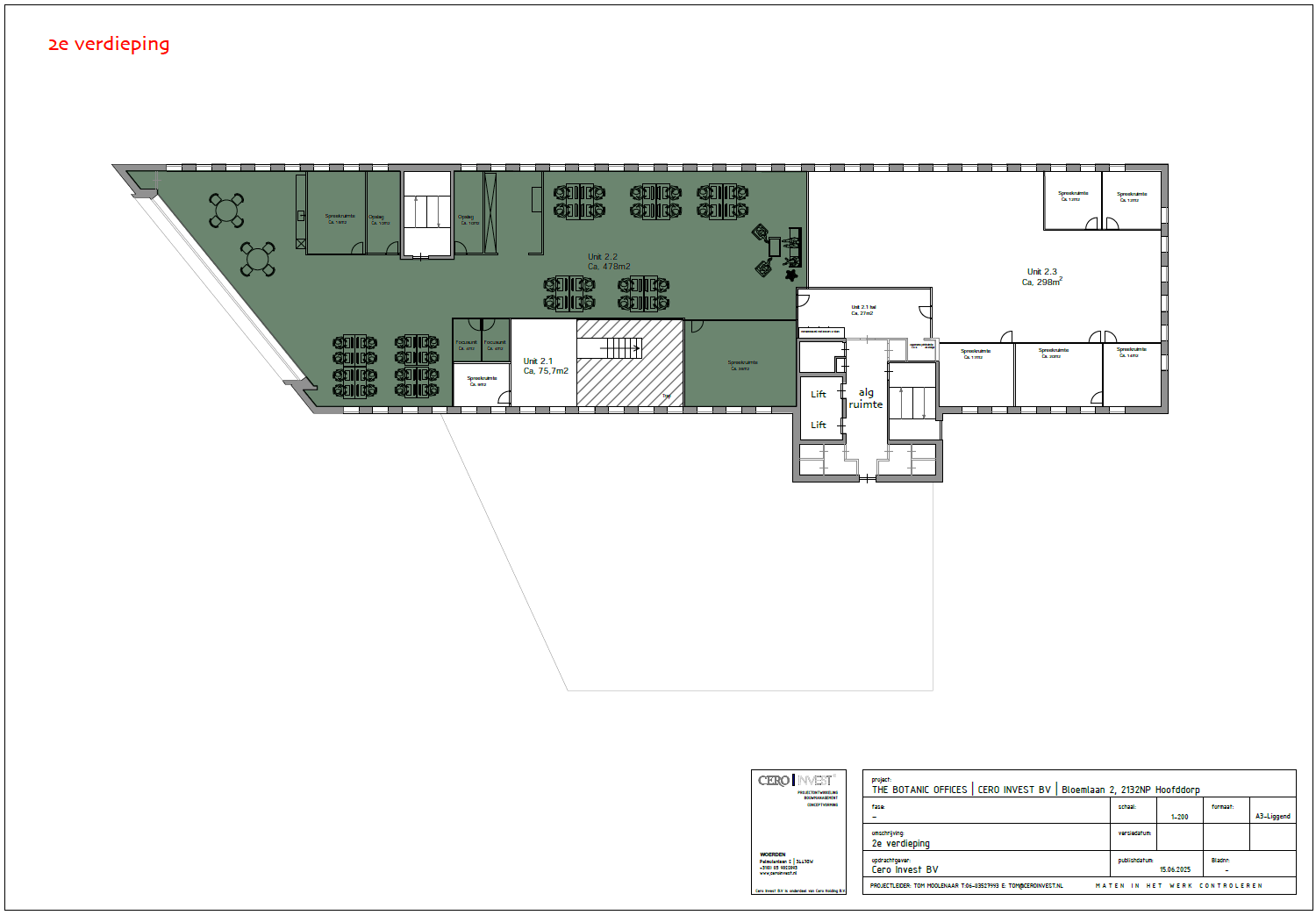 Plattegrond van de 2e verdieping van The Botanic Offices met verschillende kantoorunits en algemene ruimtes.