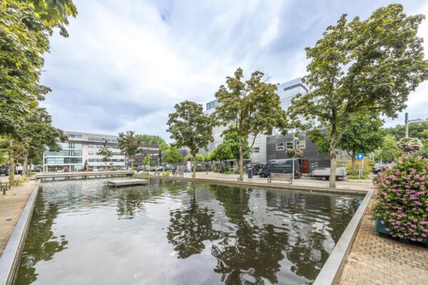 Vijver met omringende bomen en moderne kantoorgebouwen aan de Daltonlaan in een stedelijke omgeving.