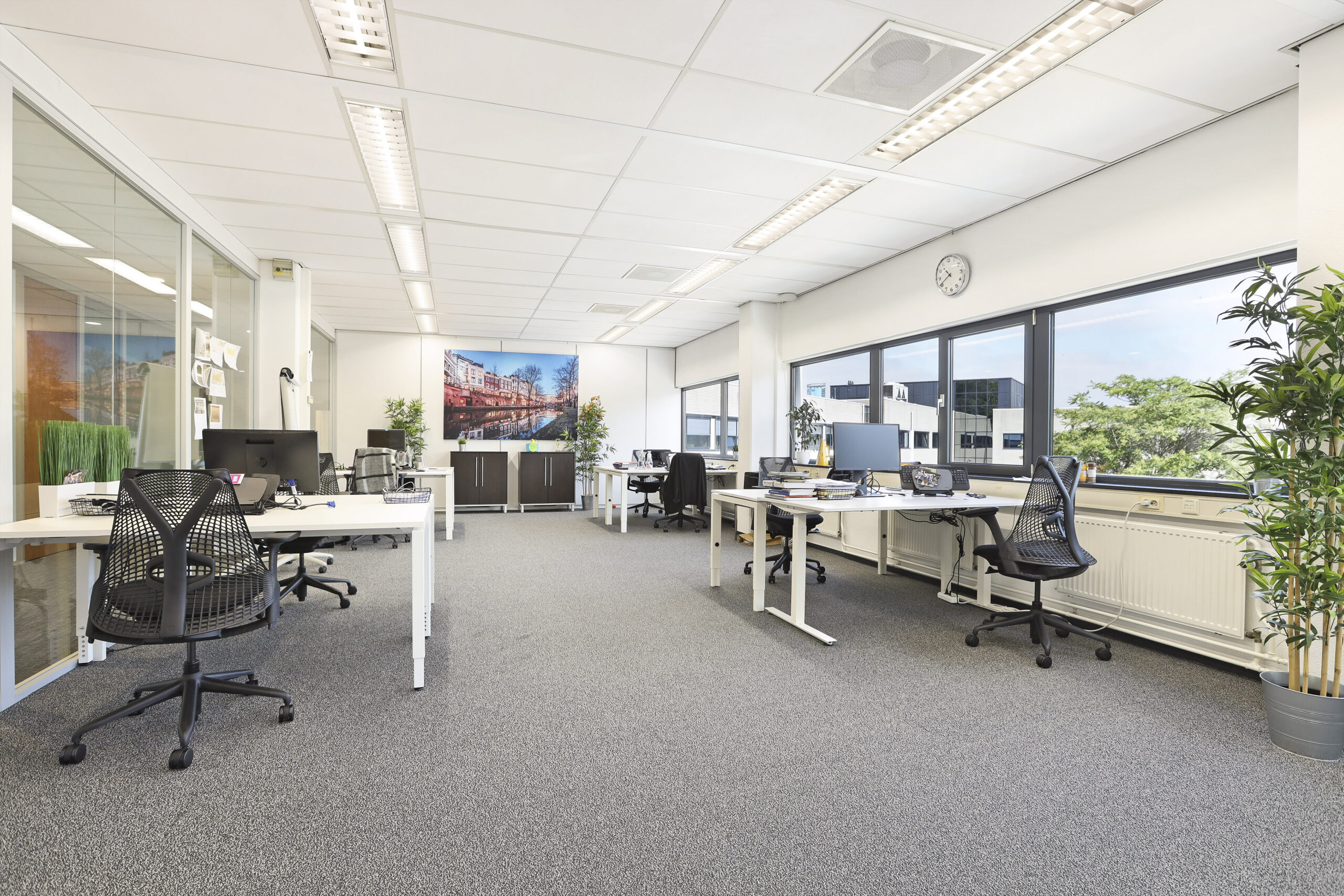 Ruim, modern kantoor met werkplekken, planten en grote ramen die uitkijken op de buitenomgeving.