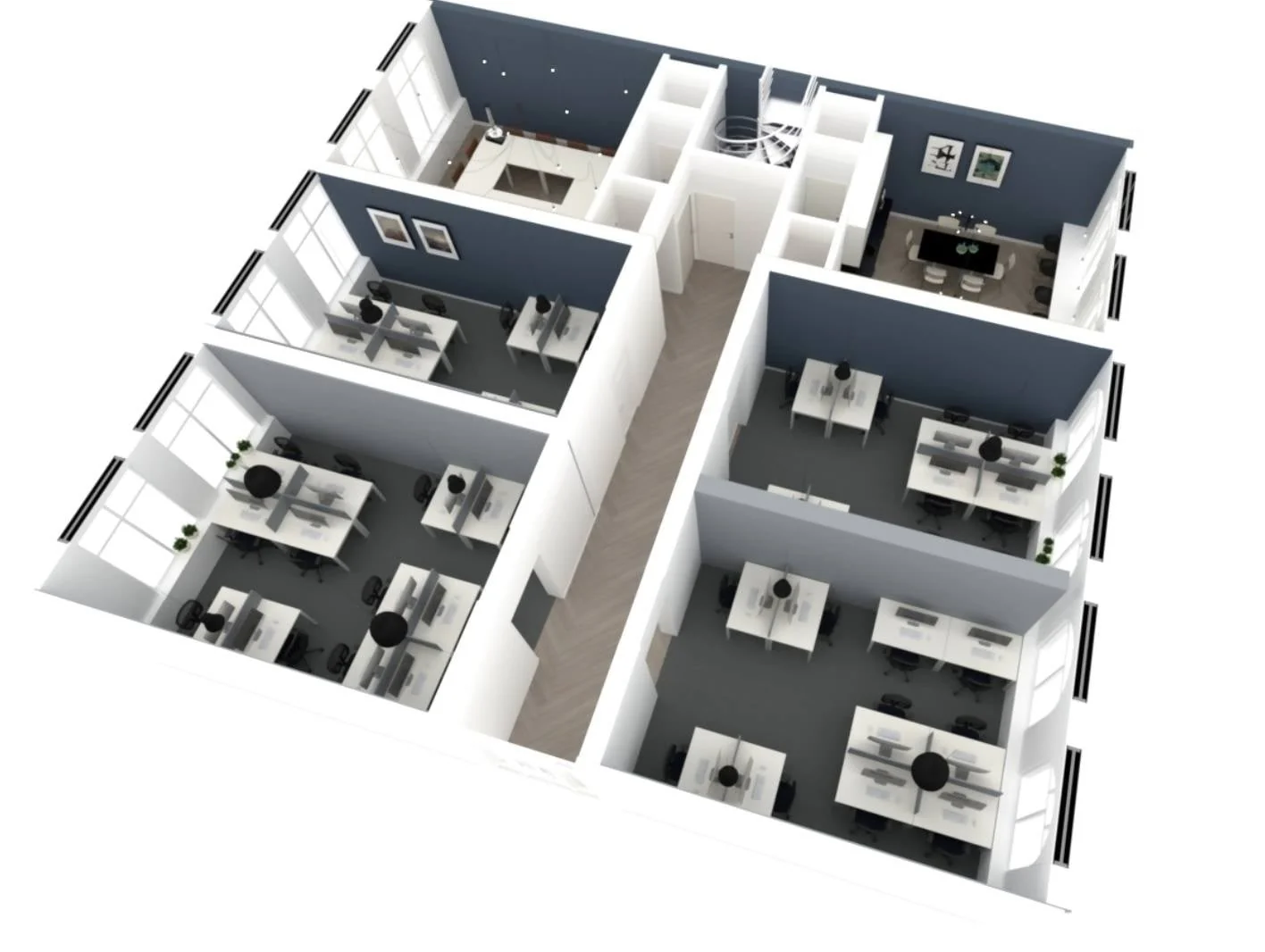 3D-plattegrond van een modern kantoorpand aan de Raadhuisstraat met meerdere werkruimtes, vergaderruimtes en bureaus.