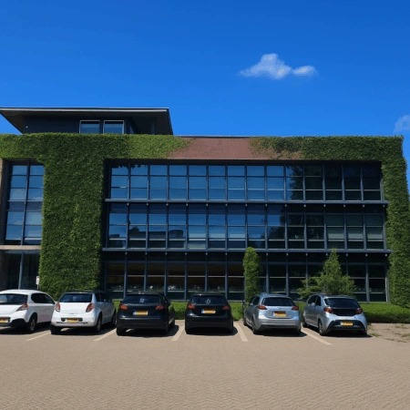 Kantoorgebouw aan de Jan Leentvaarlaan met gevel deels begroeid met klimop en geparkeerde auto's ervoor.