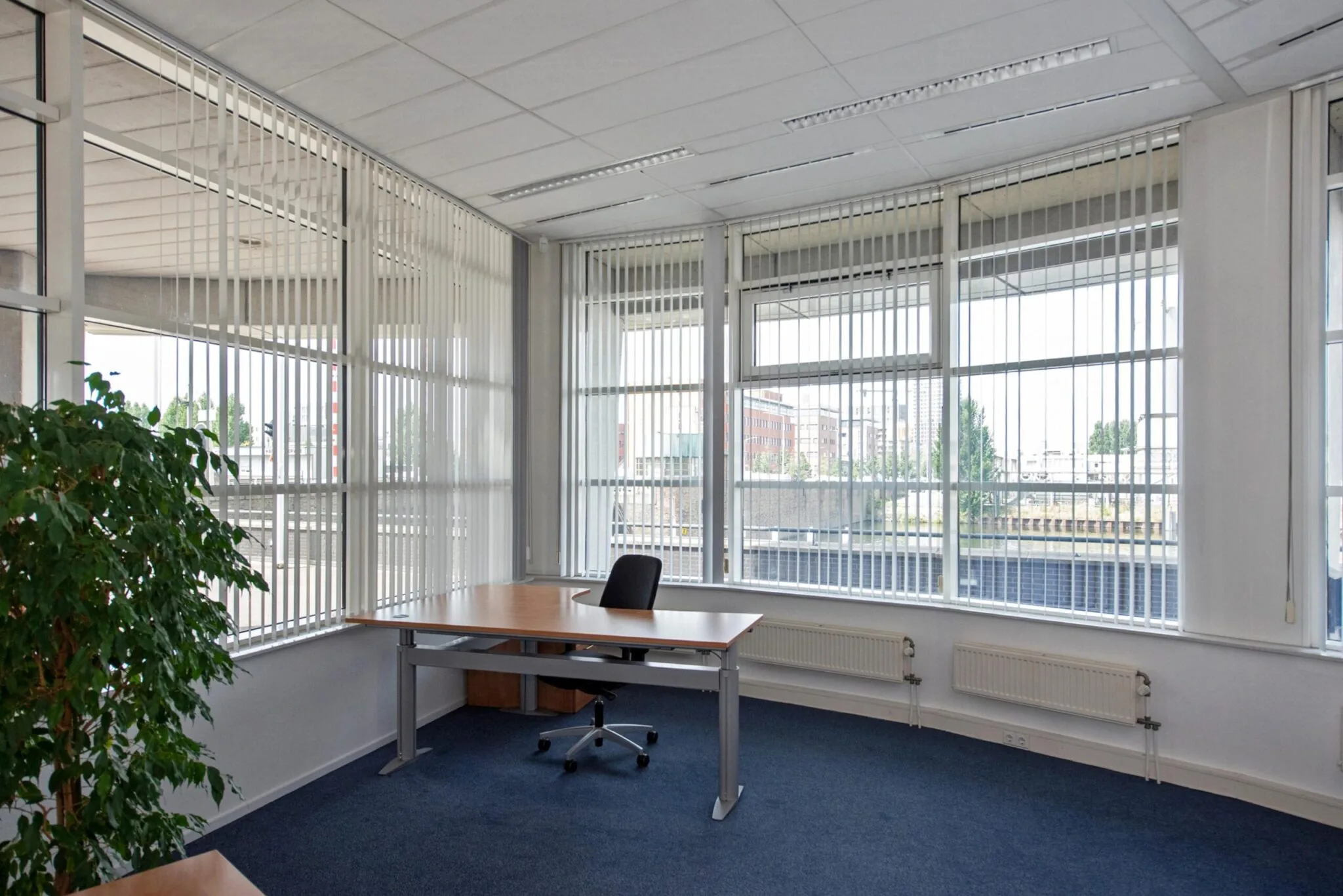 Licht kantoor met groot hoekraam, blauw tapijt en een enkel bureau op de Binckhorstlaan.