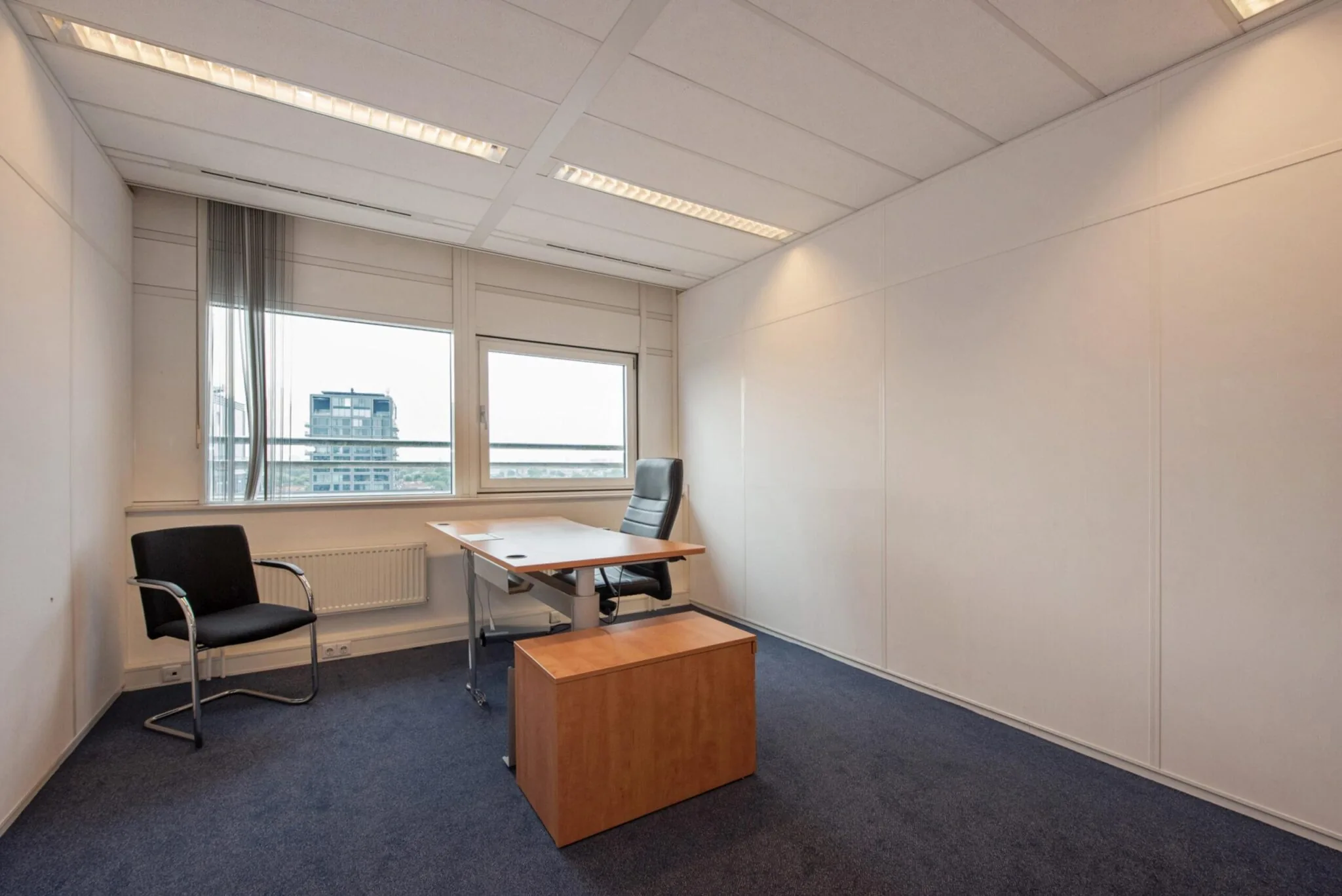 Kantoorruimte met bureau, stoelen en uitzicht op de Binckhorstlaan in Den Haag.