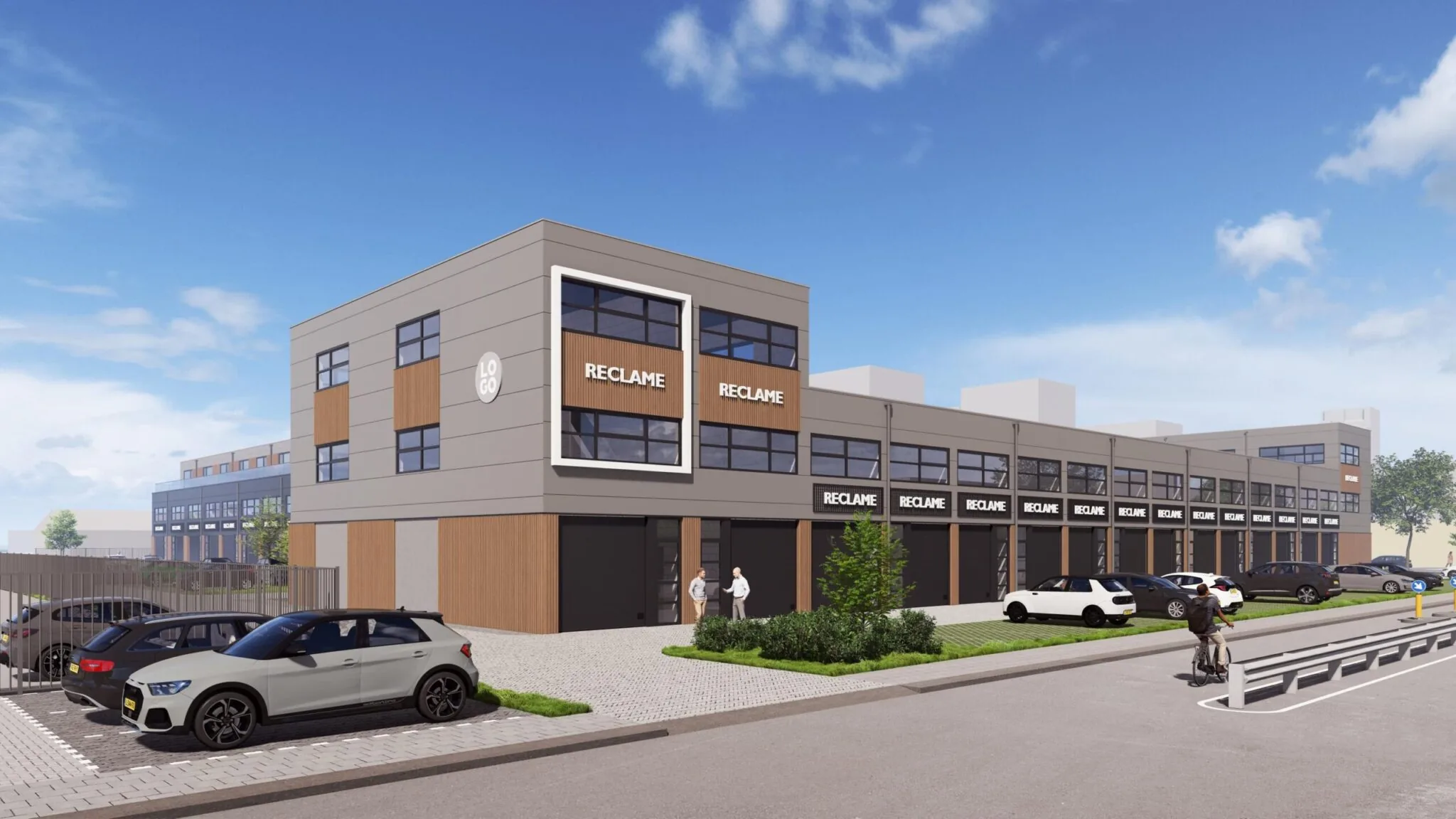 Moderne bedrijfsunits aan De Liesbosch met parkeerplaatsen en reclameaanduiding op de gevels.