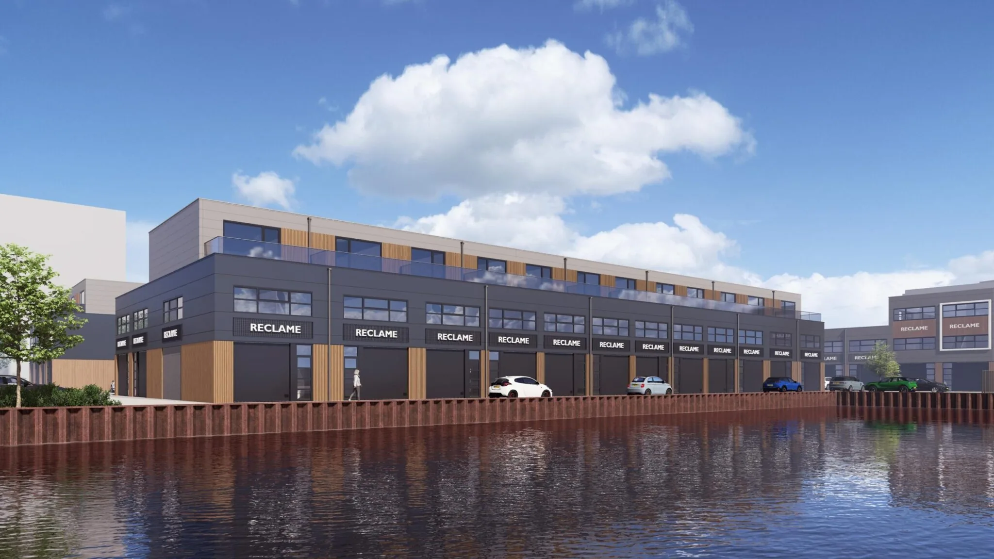 Moderne bedrijfspanden aan het water in bedrijventerrein De Liesbosch.