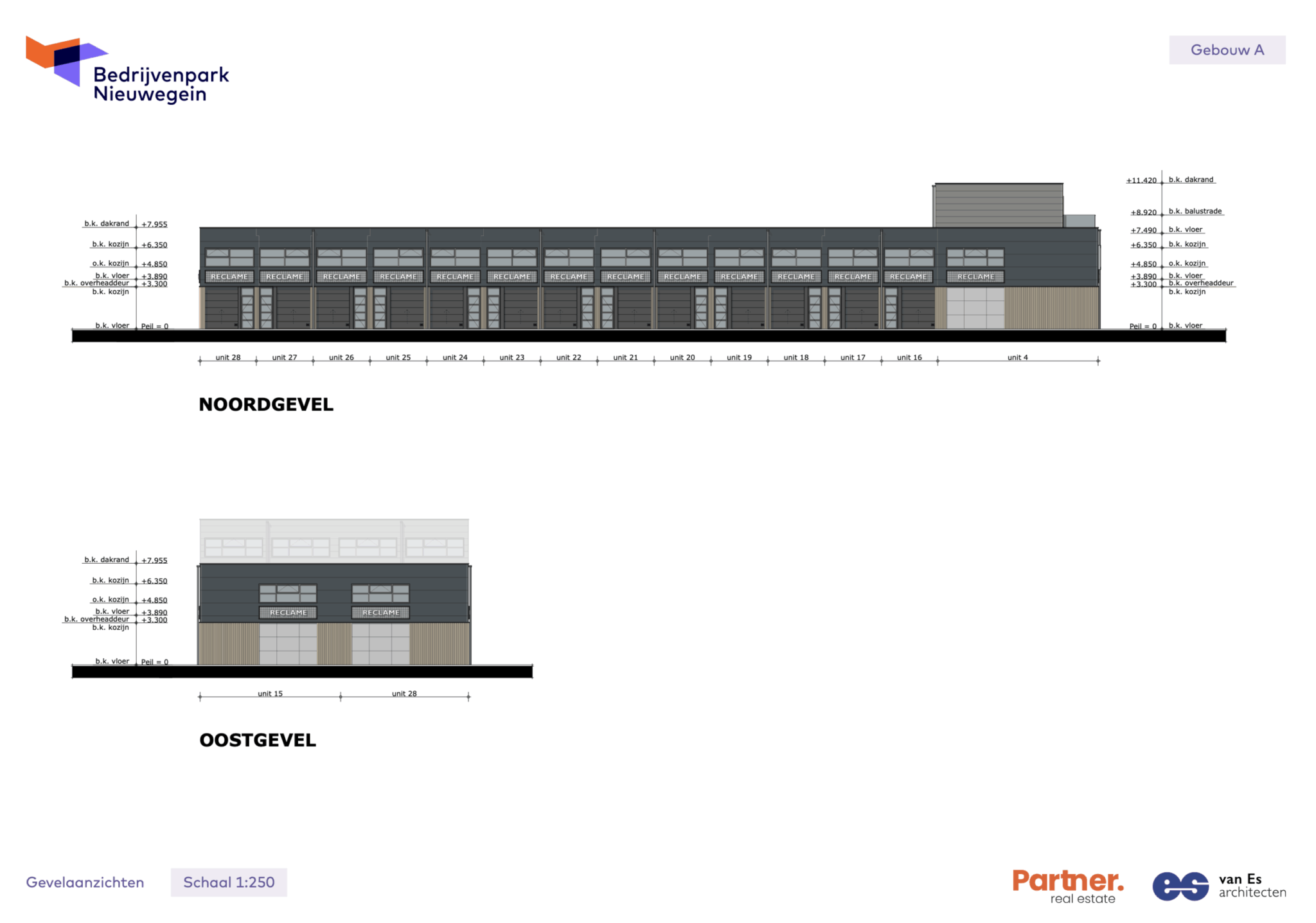 Architectonische gevelaanzichten van Gebouw A op Bedrijvenpark Nieuwegein, met een noord- en oostgevel op schaal 1:250.