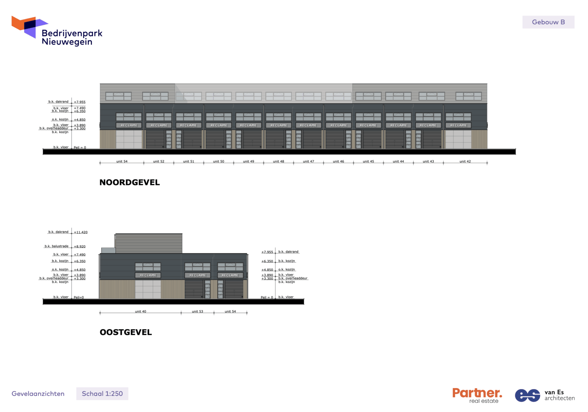 Architectonische gevelaanzichten van gebouw B in Bedrijvenpark Nieuwegein met noord- en oostgevel op schaal 1:250.