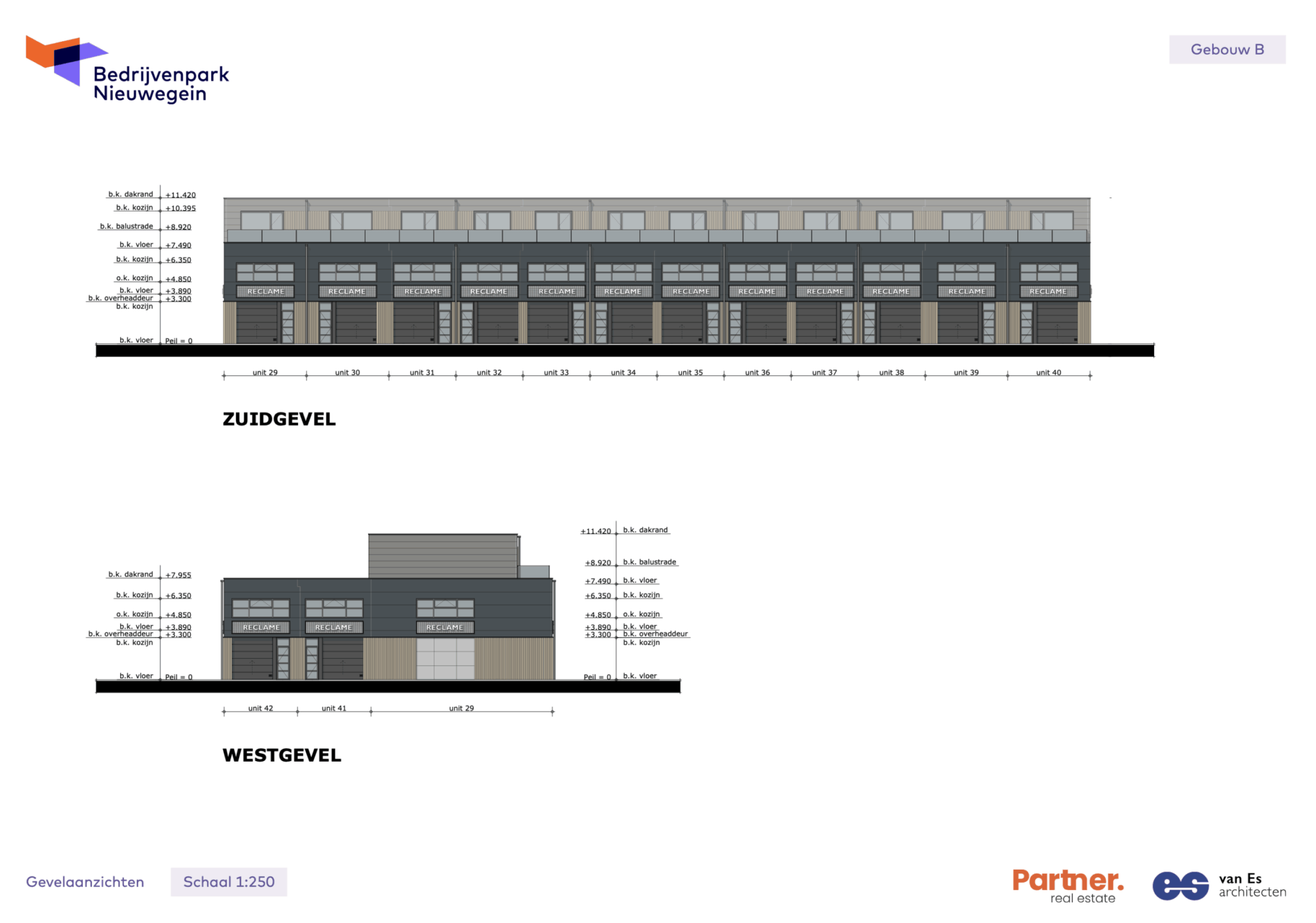 Architectonische gevelaanzichten van Gebouw B op Bedrijvenpark De Liesbosch in Nieuwegein, met de zuid- en westgevels op schaal 1:250.
