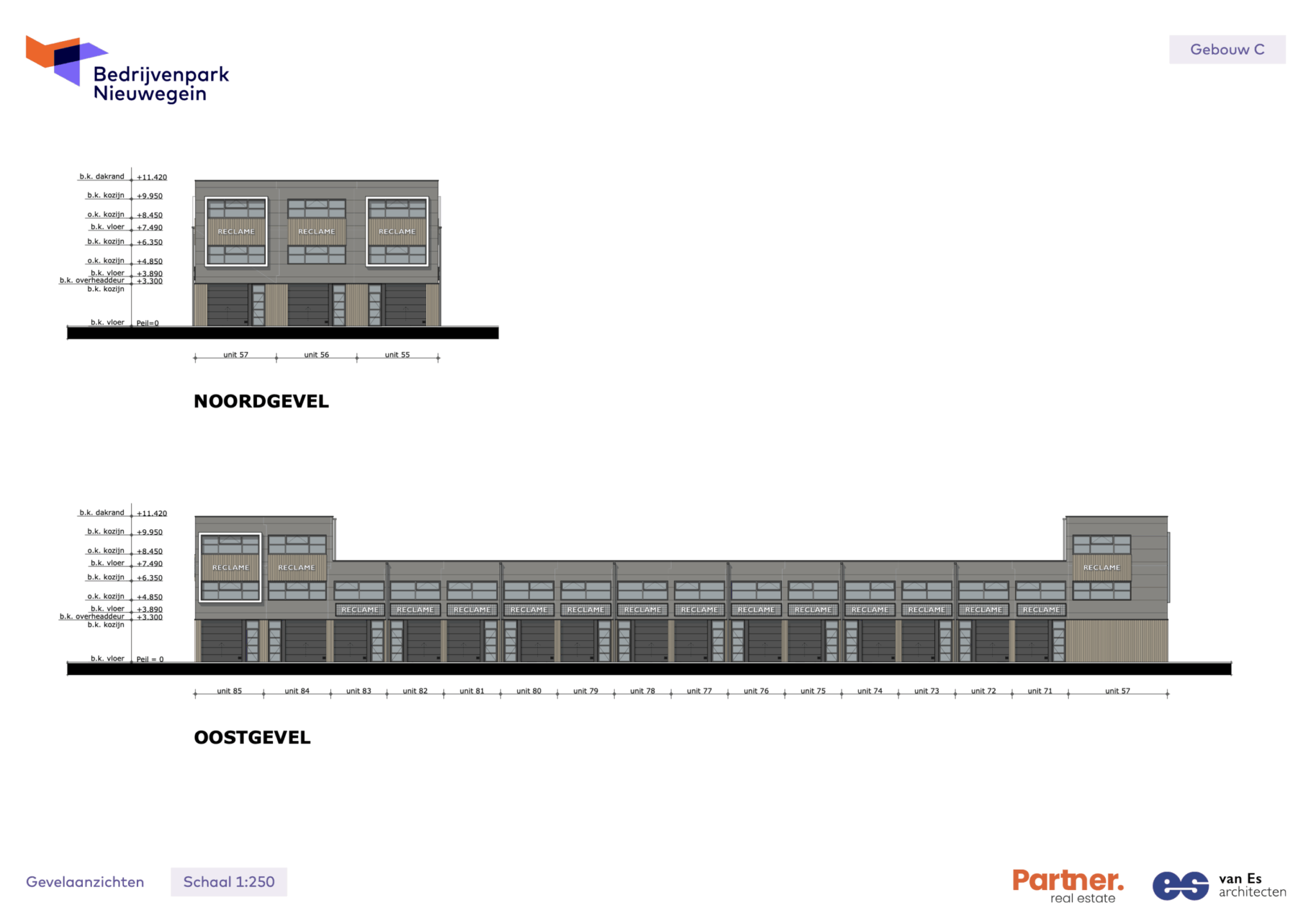 Architectonische gevelaanzichten van gebouw C in Bedrijvenpark Nieuwegein, met de noord- en oostgevel op schaal 1:250.