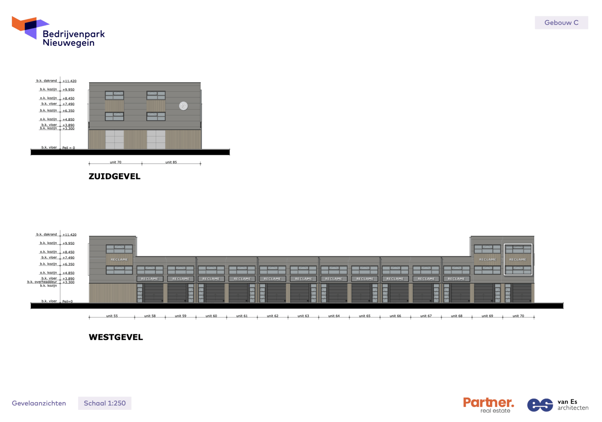 Architectonische gevelaanzichten van Gebouw C in Bedrijvenpark Nieuwegein, met de zuid- en westgevel op schaal 1:250.