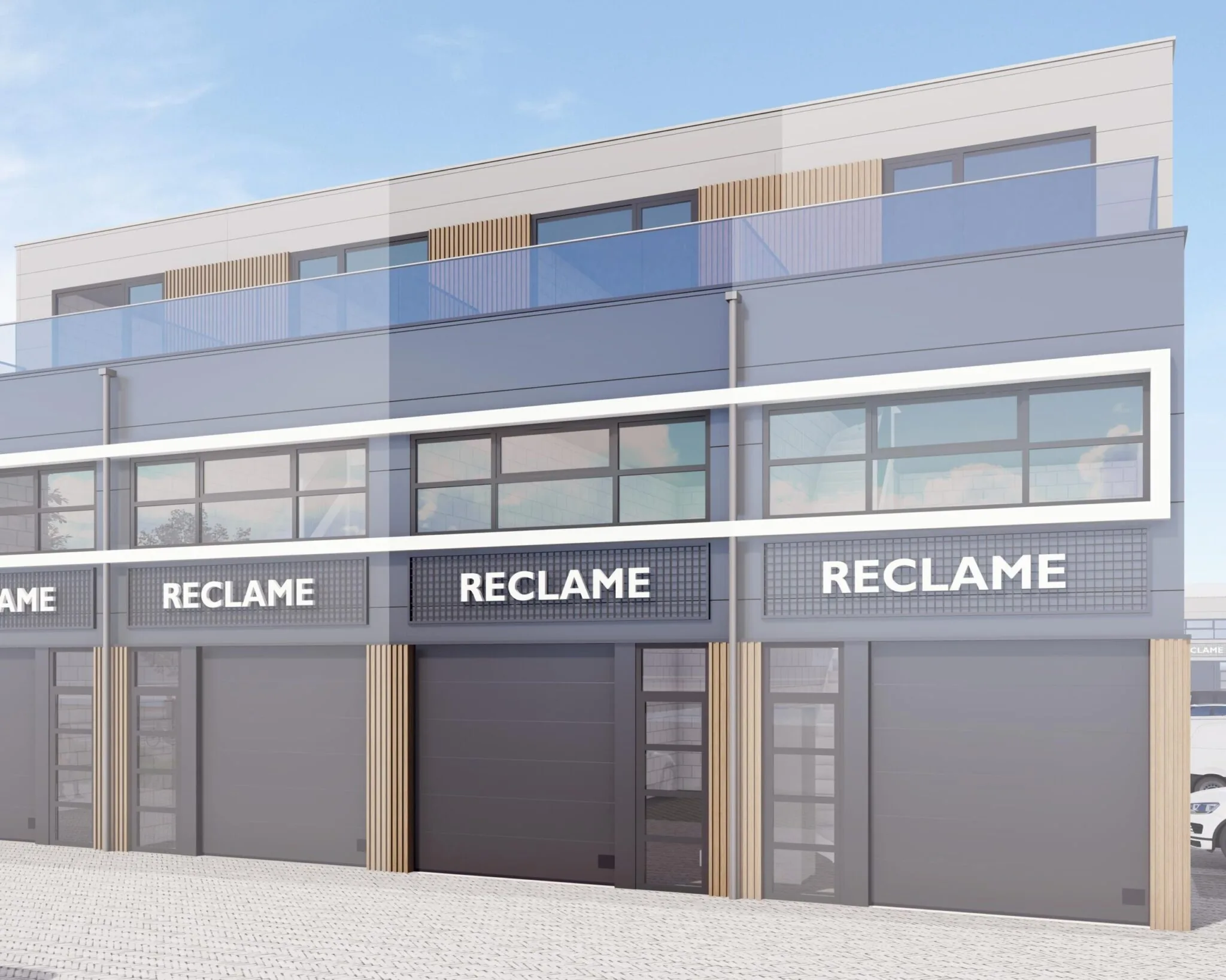 Moderne bedrijfsunits aan De Liesbosch met grote ramen en ruimte voor reclame-uitingen.