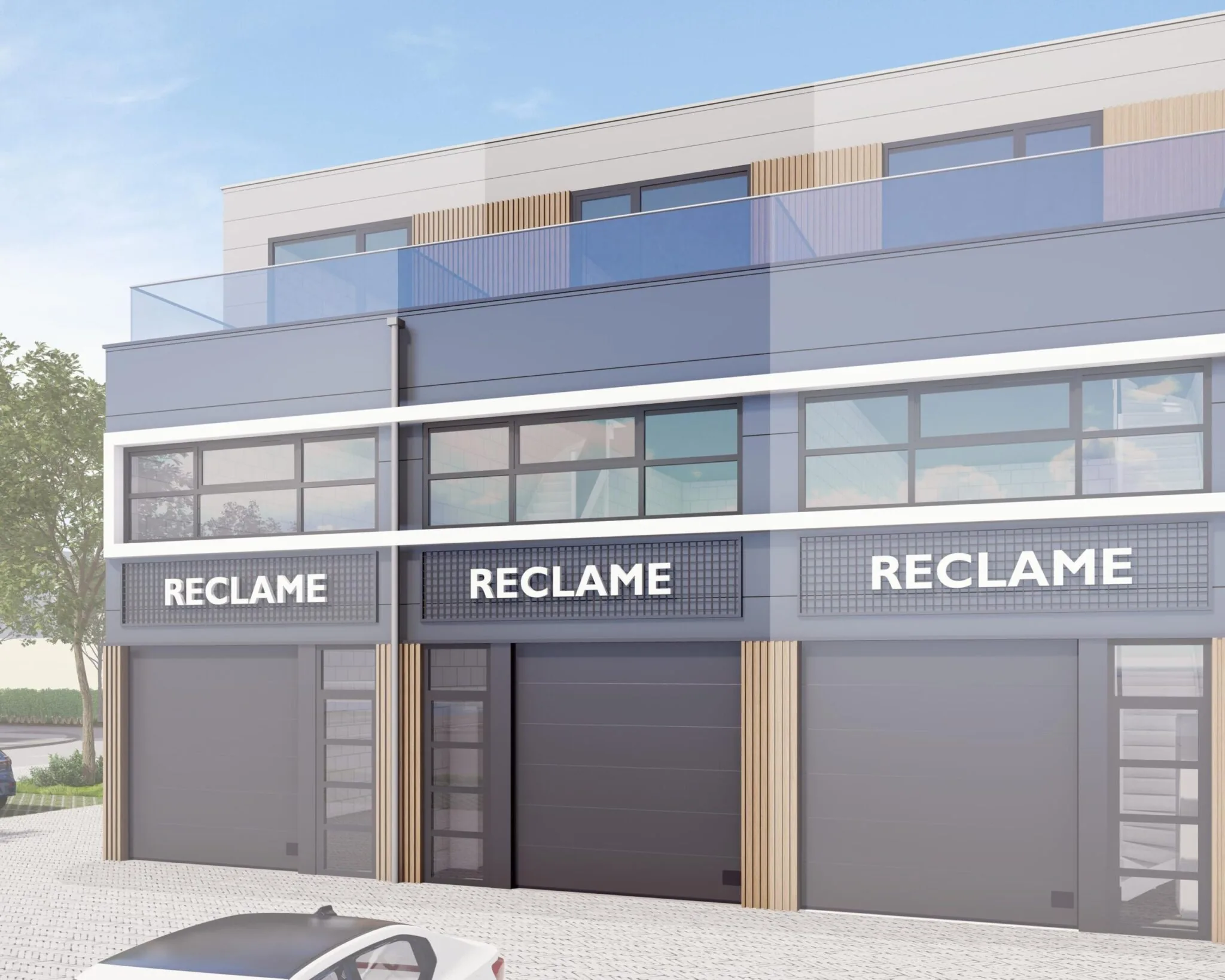 Moderne bedrijfsunits aan De Liesbosch met grote ramen en uniforme reclameborden op de gevel.