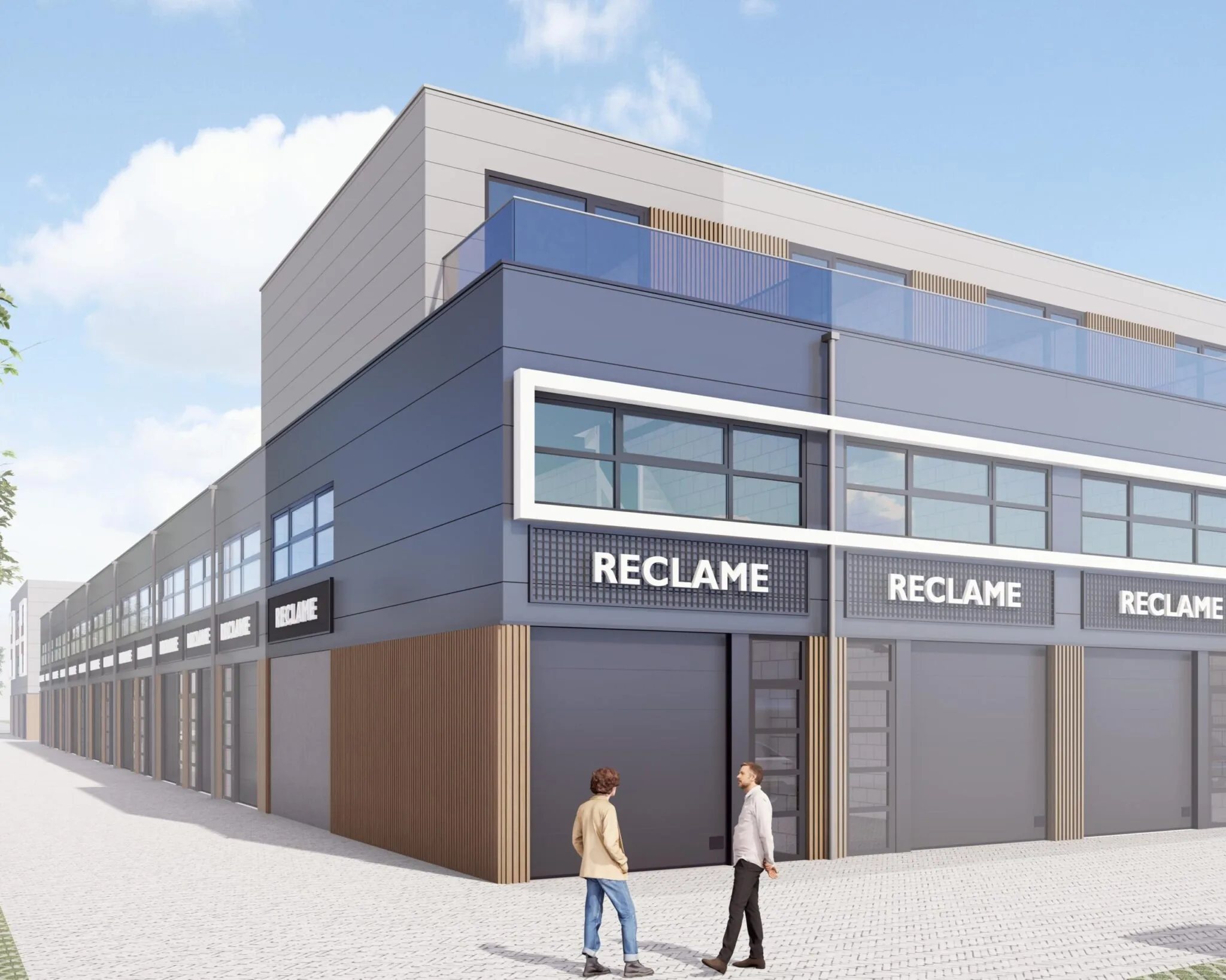 Moderne bedrijfsunits aan De Liesbosch met grote glaspartijen en reclameborden op de gevel.