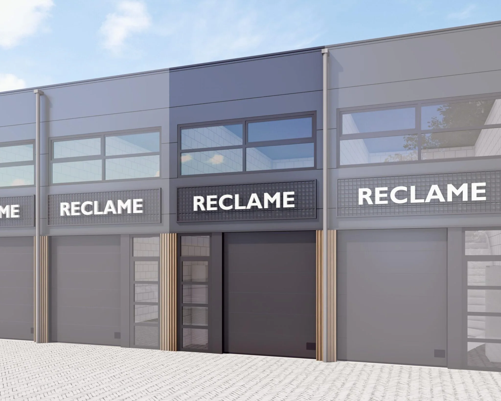 Moderne bedrijfsunits aan De Liesbosch met grote ramen en reclameborden boven de deuren.