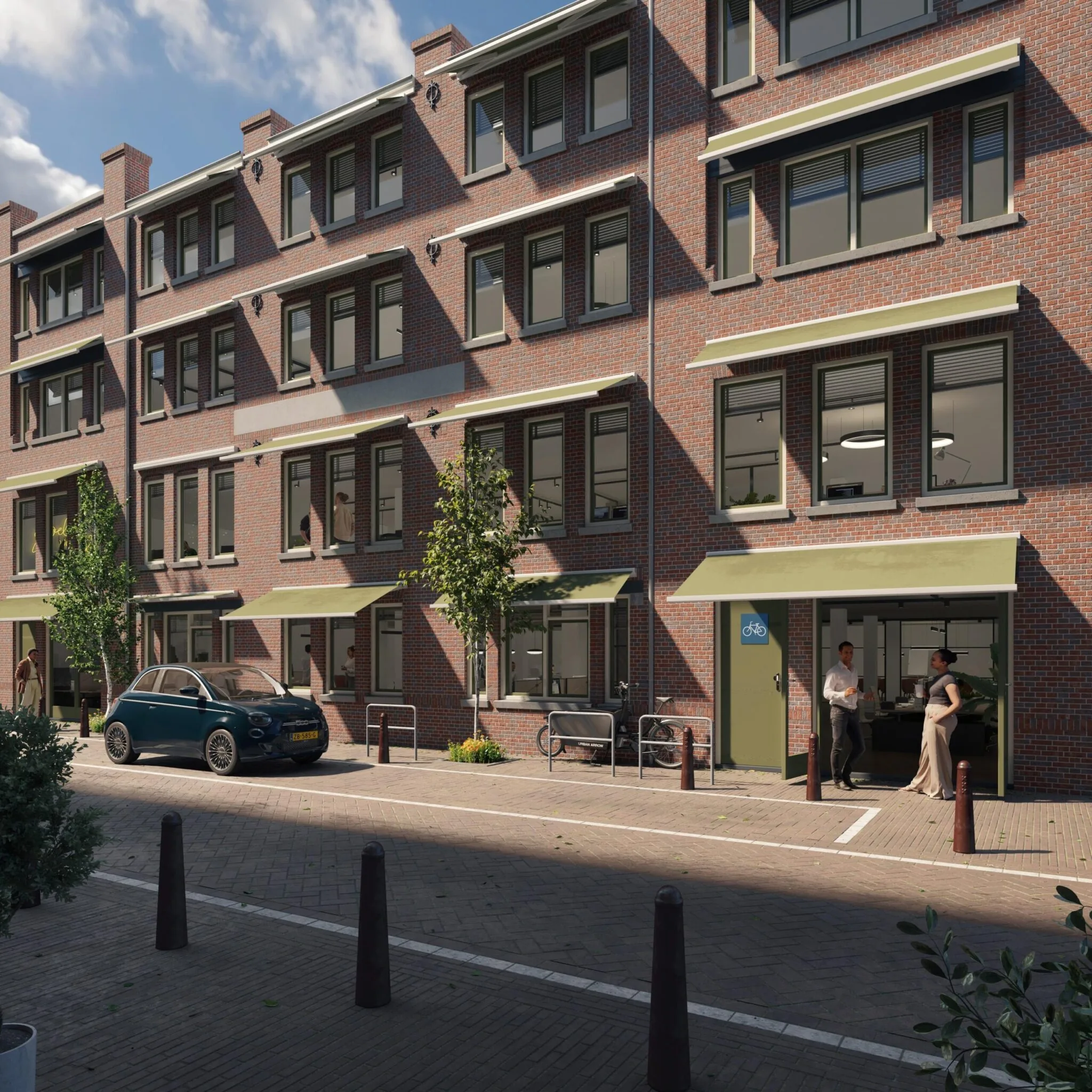 Nieuwbouw- of gerenoveerde woongebouwen aan de Nieuwe Looiersstraat met bakstenen gevel, groene zonneschermen en geparkeerde auto.