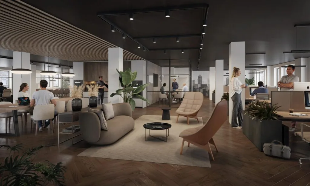 Modern ingerichte kantooruimte aan de Nieuwe Looiersstraat met een open indeling, werkplekken, loungehoek en mensen in overleg.