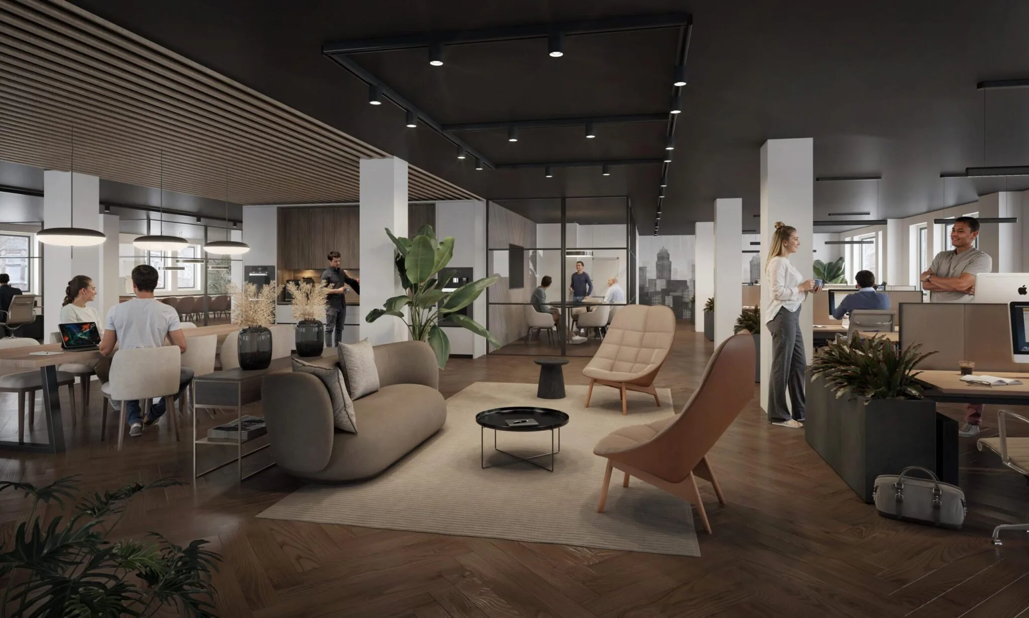 Modern ingerichte kantooruimte aan de Nieuwe Looiersstraat met een open indeling, werkplekken, loungehoek en mensen in overleg.