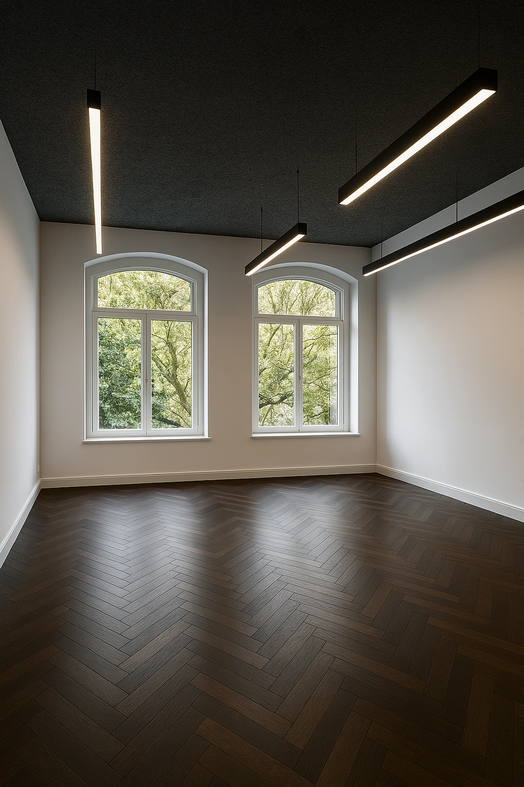 Licht en modern interieur van een lege kamer aan de Nieuwe Looiersstraat met visgraatvloer, grote ramen en strakke hanglampen.