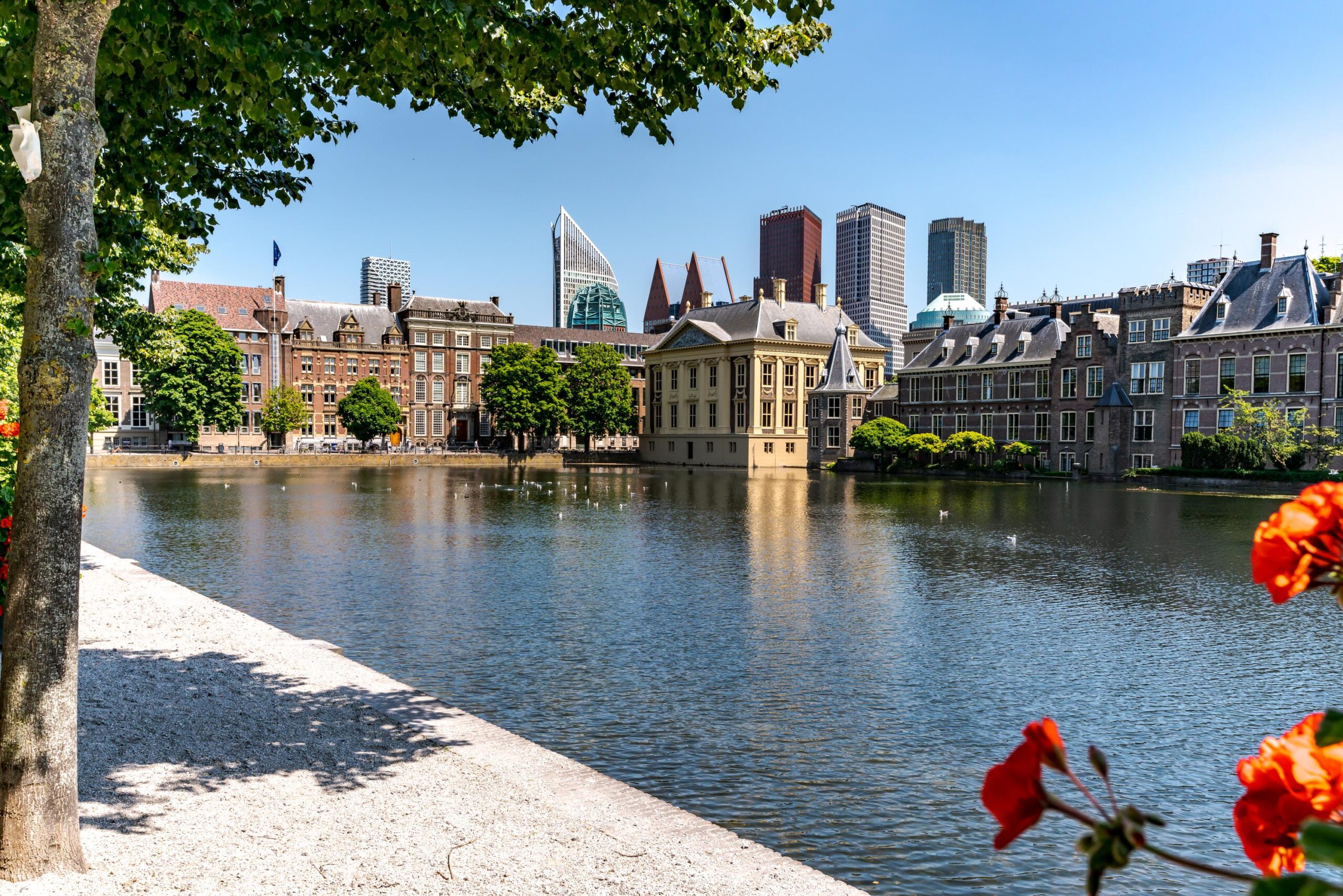 Uitzicht op de Hofvijver met het Binnenhof en de skyline van Den Haag op een zonnige dag.