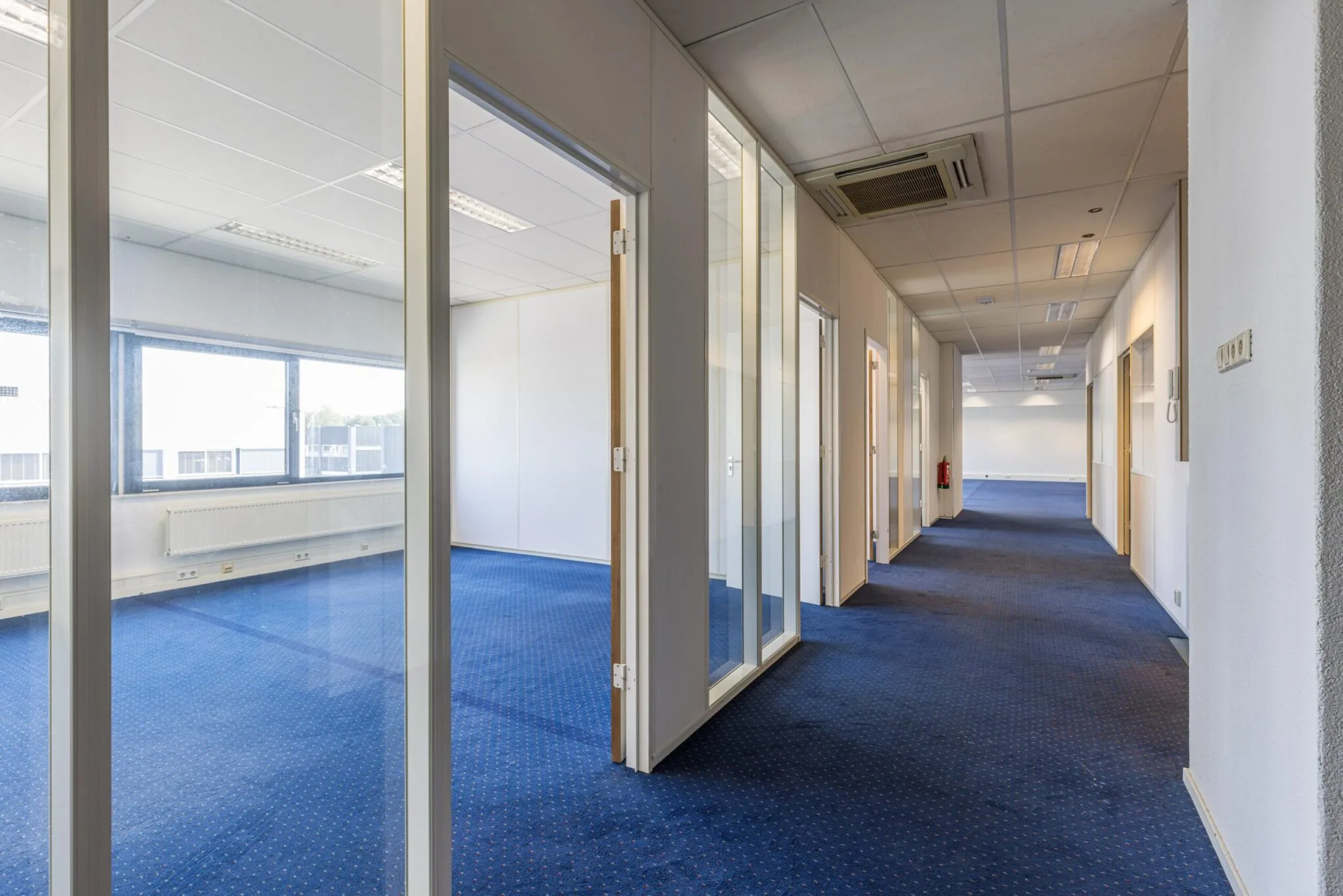 Gang met blauwe vloerbedekking en meerdere glazen kantoorkamers in een kantoorruimte aan de Zonnebaan.