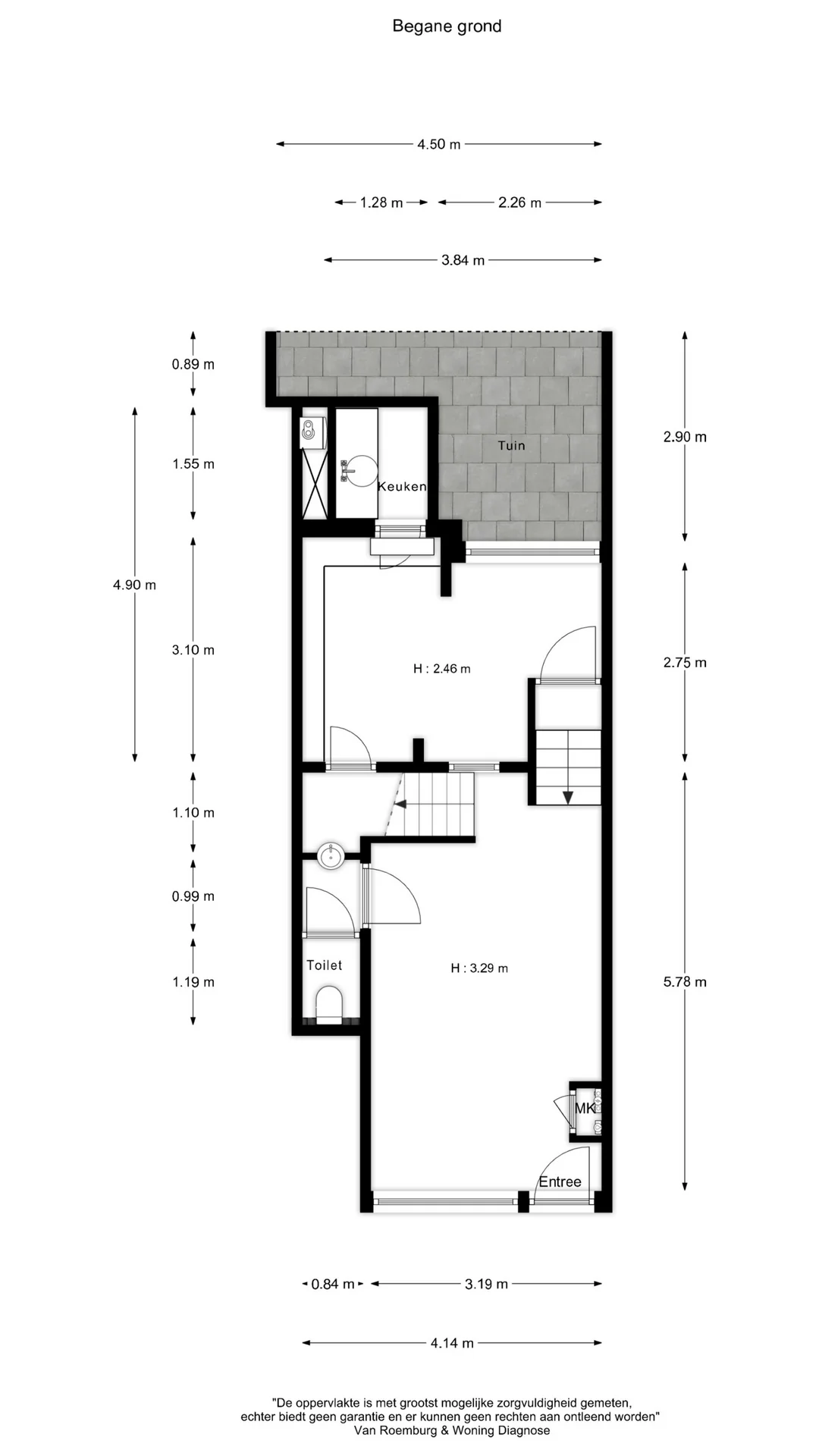 Plattegrond van de begane grond van een woning aan de Overtoom met tuin, keuken, toilet, entree en woonruimte.