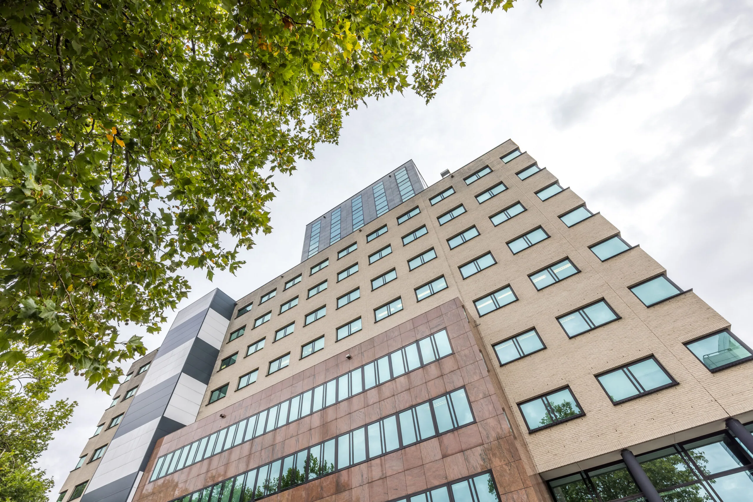Hooghoekfoto van het kantoorgebouw aan de Daltonlaan, omgeven door groene boomtakken.