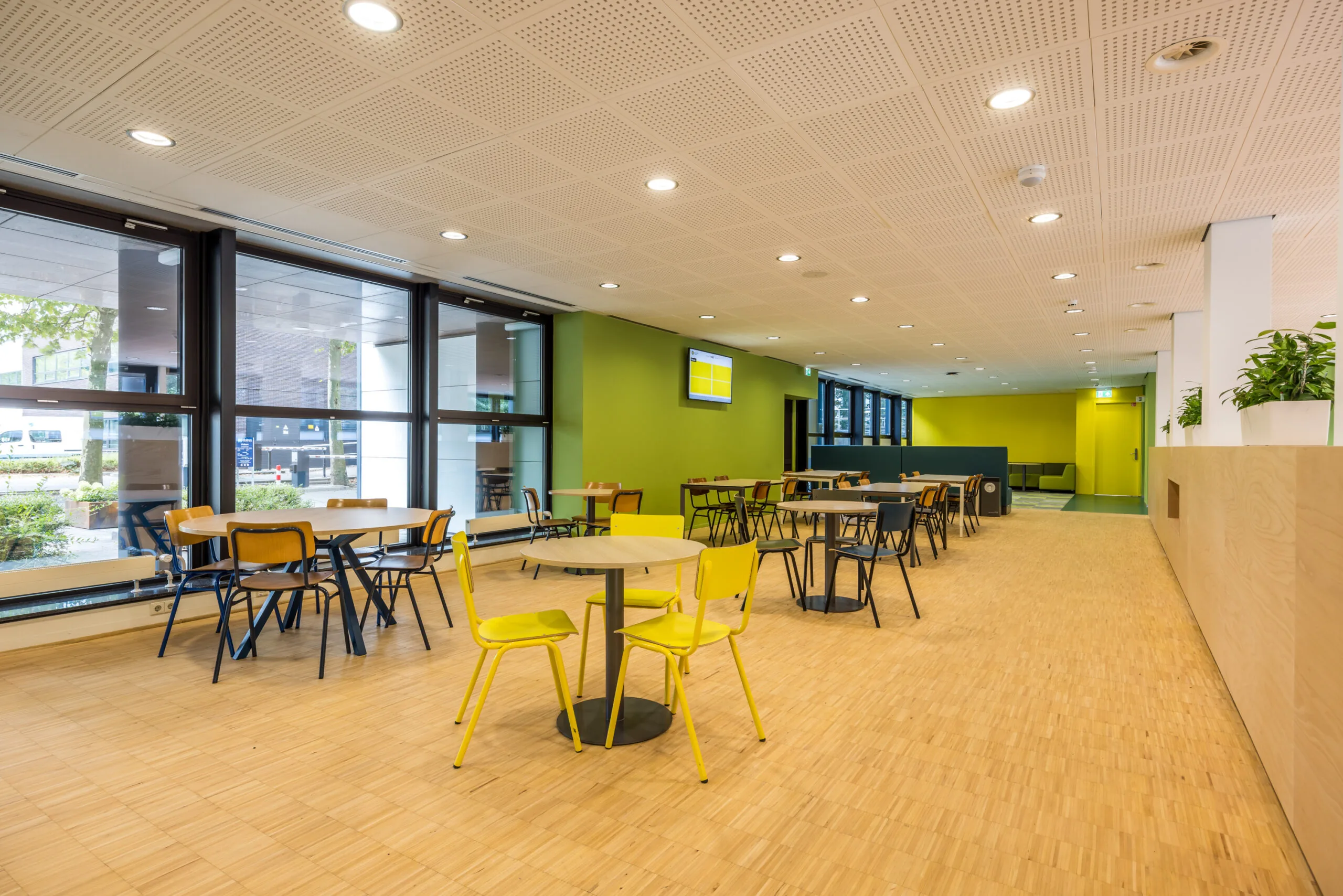 Moderne en kleurrijke kantineruimte aan de Daltonlaan met houten vloer en grote ramen.