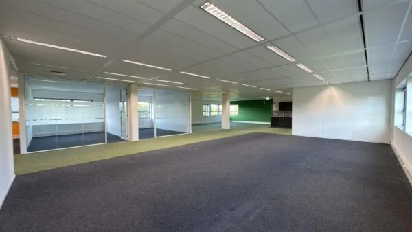 Moderne, lege kantoorruimte aan de Papendorpseweg met glazen vergaderruimtes en groen-wit interieur.
