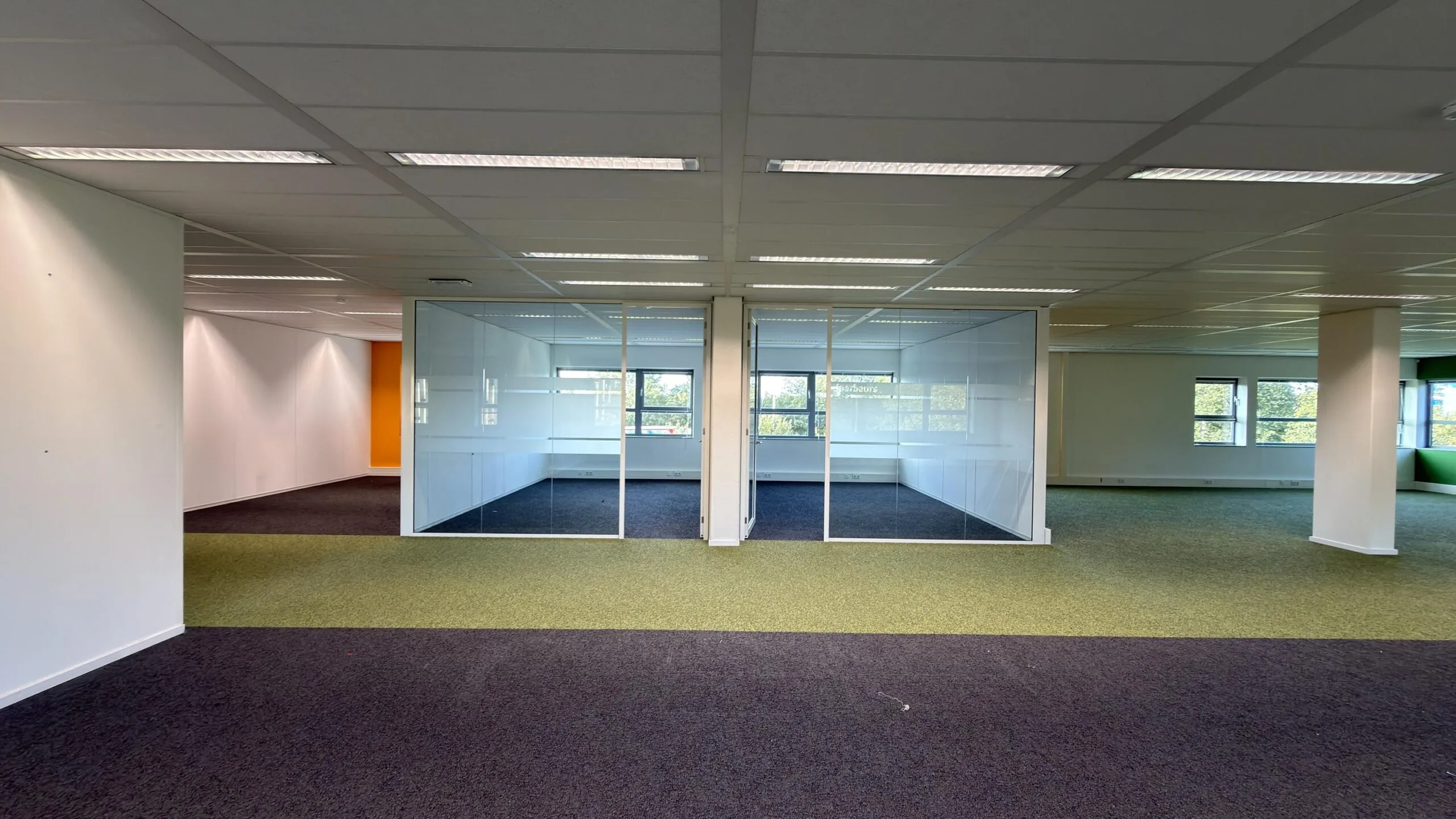 Modern kantoorpand aan de Papendorpseweg met glazen vergaderruimtes en kleurrijke vloerbedekking.