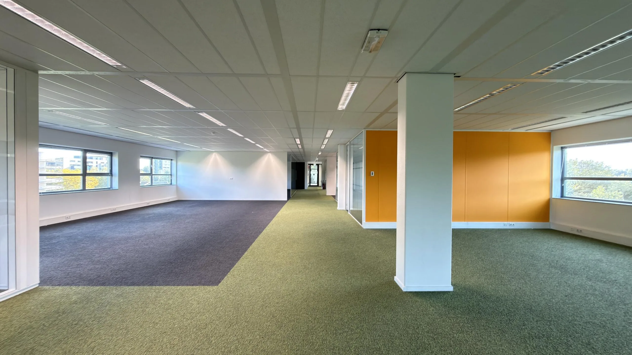 Lichte en moderne kantoorruimte aan de Papendorpseweg met groene en grijze vloerbedekking en oranje accentmuur.