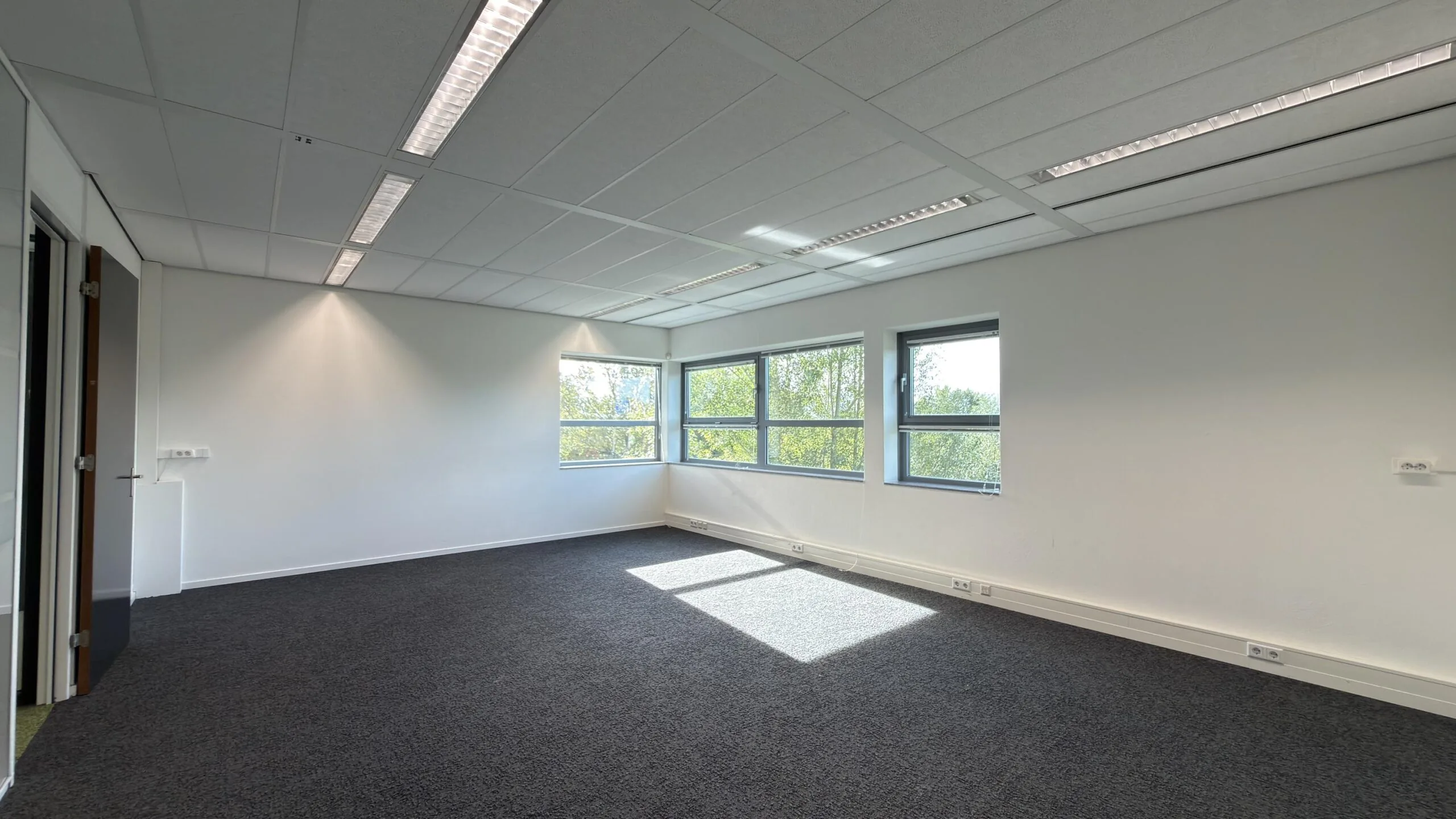 Licht en leeg kantoorruimte aan de Papendorpseweg met grote ramen en grijze vloerbedekking.