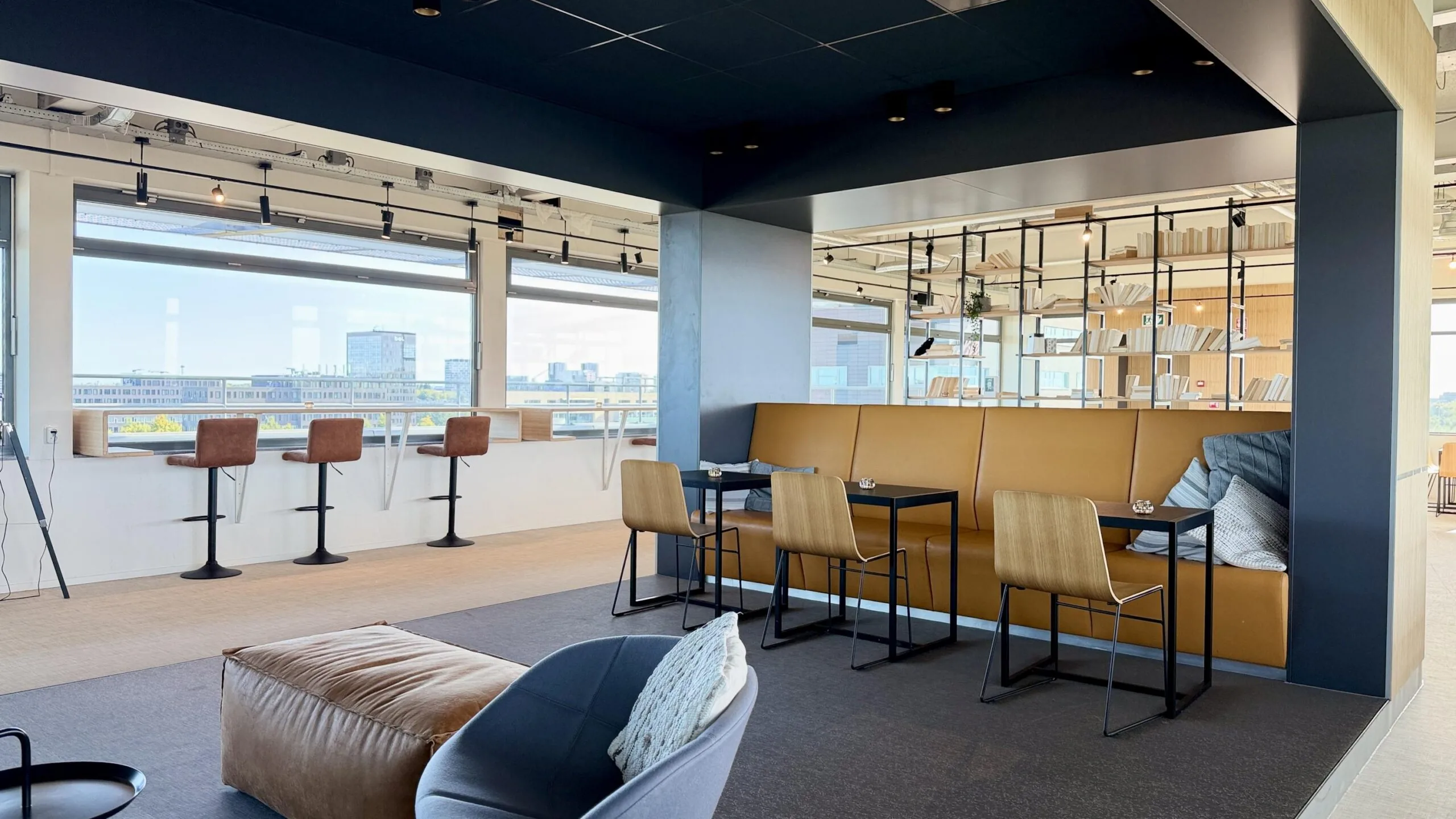 Moderne kantoorlounge aan de Papendorpseweg met zitplekken, hoge ramen en uitzicht over de stad.