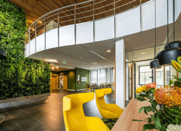 Moderne kantoorlobby aan de Boeing Avenue met groene plantenwand, gele designstoelen en houten details.