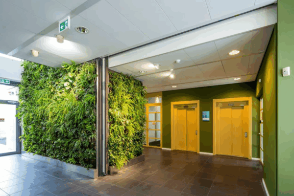 Moderne entreehal aan de Boeing Avenue met groene plantenwand en felgele liftdeuren.