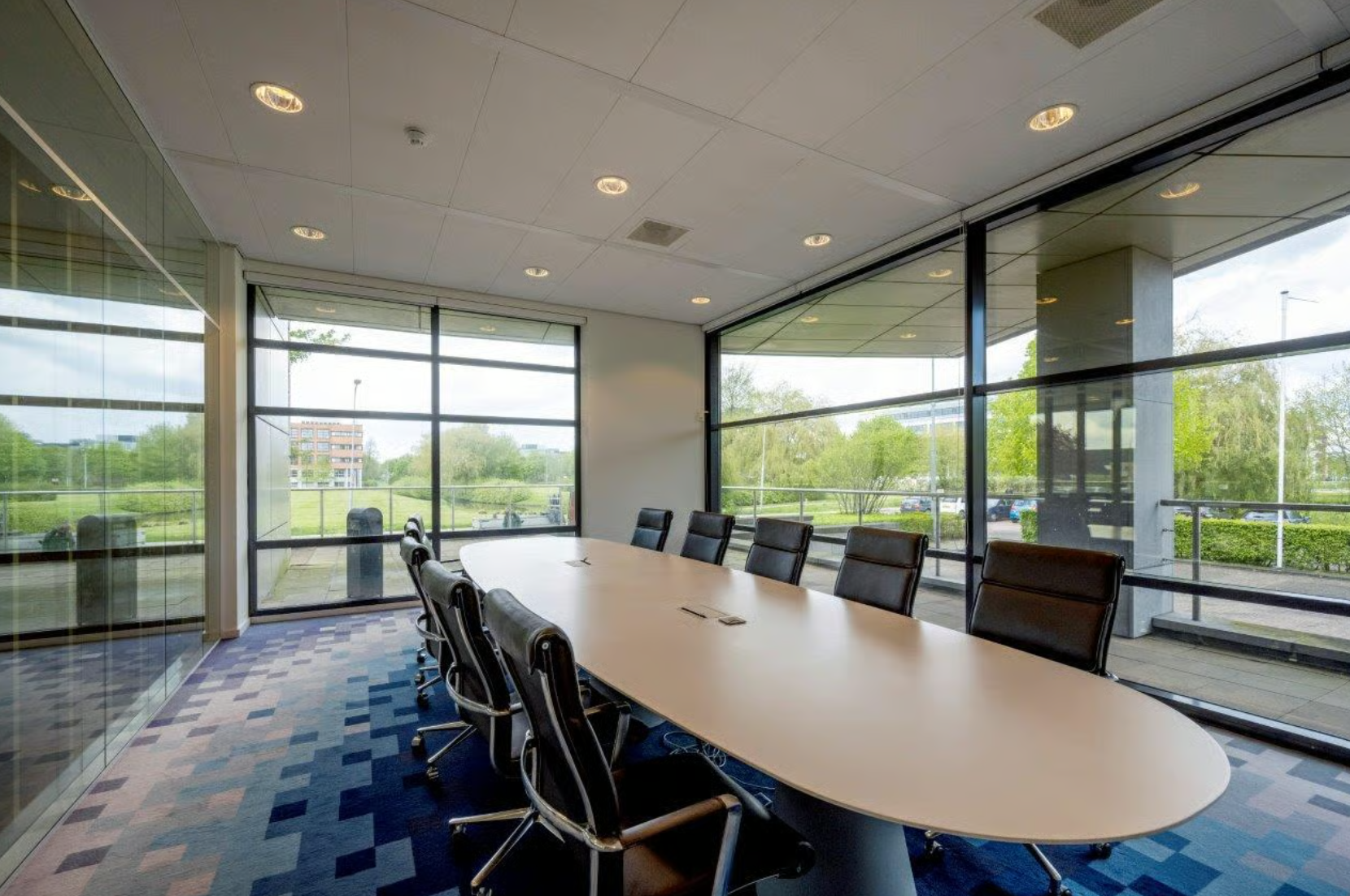 Moderne vergaderruimte aan de Boeing Avenue met ovale tafel, leren stoelen en uitzicht op groenvoorziening door grote ramen.
