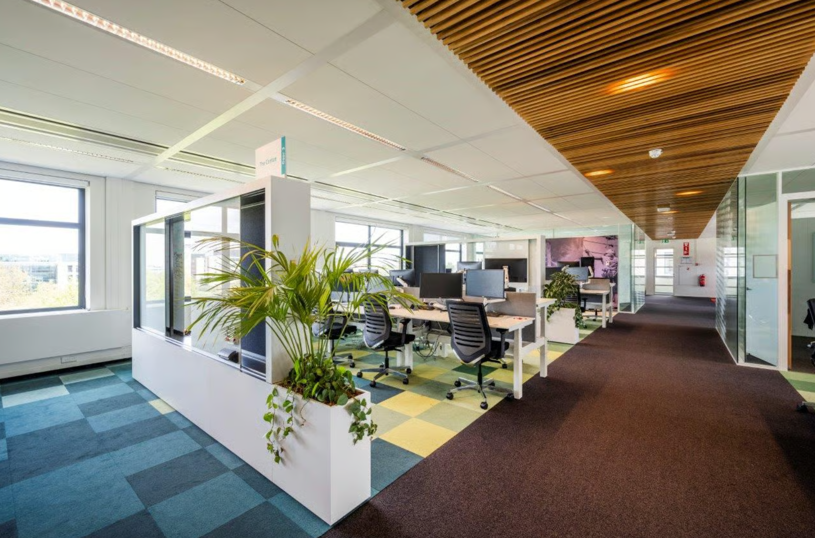 Modern kantoorinterieur aan de Boeing Avenue met open werkplekken, planten en houten plafondaccenten.