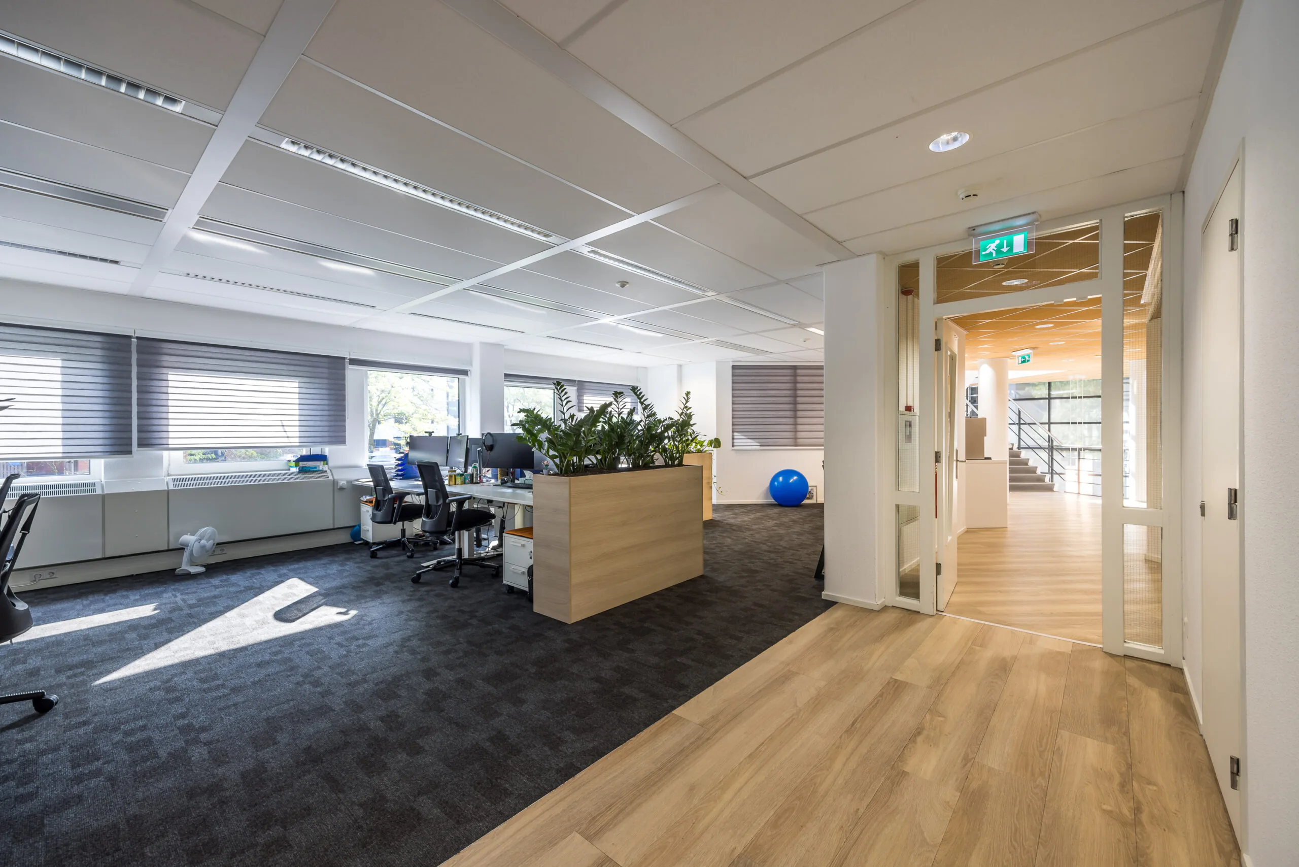 Modern kantoorinterieur aan de Varrolaan met werkplekken, planten, en veel natuurlijk licht.