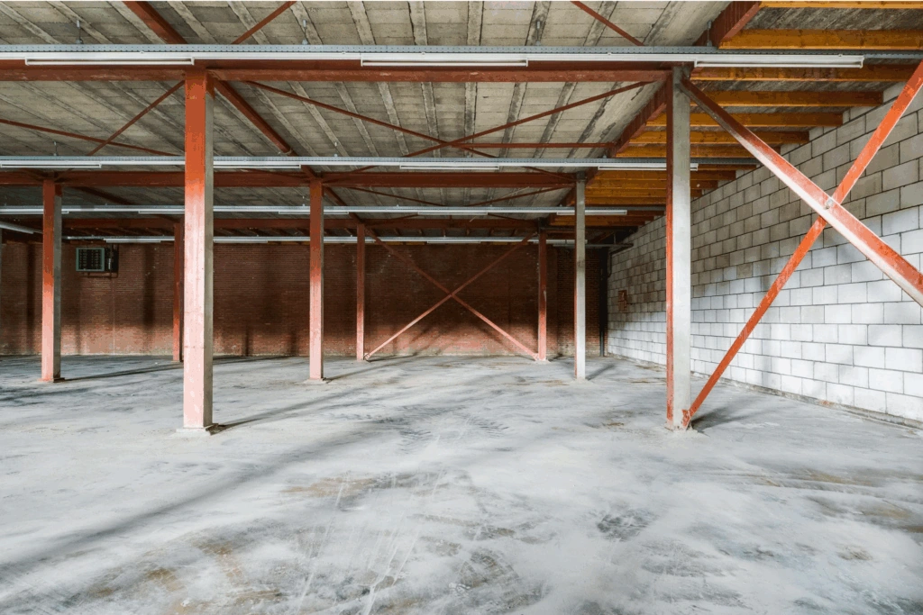 Lege industriële loods aan de Australiëlaan met zicht op betonnen vloer, stalen draagconstructie en onafgewerkte binnenmuren.