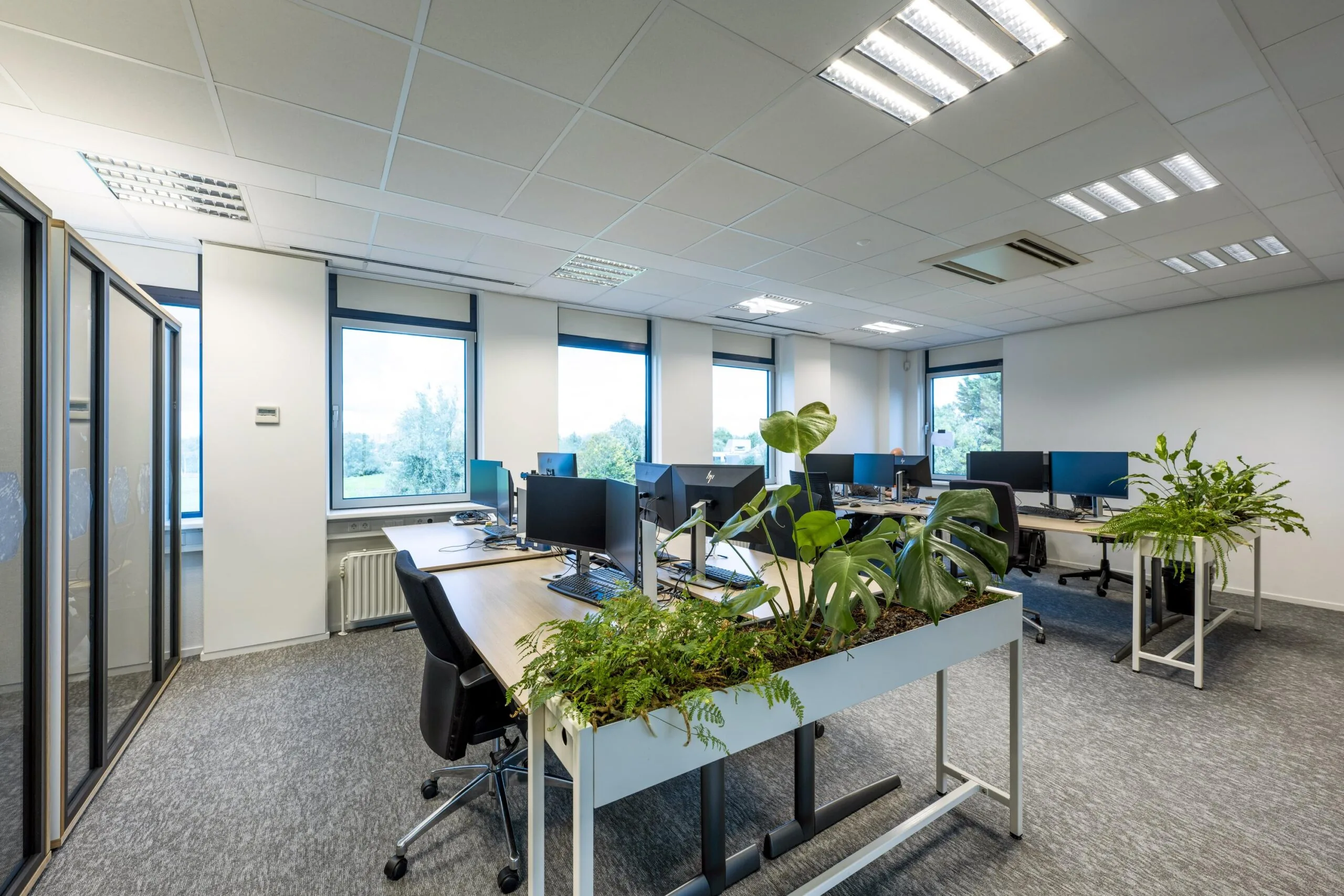 Modern kantoorinterieur op Oranjebaan met werkplekken, beeldschermen en groene planten.