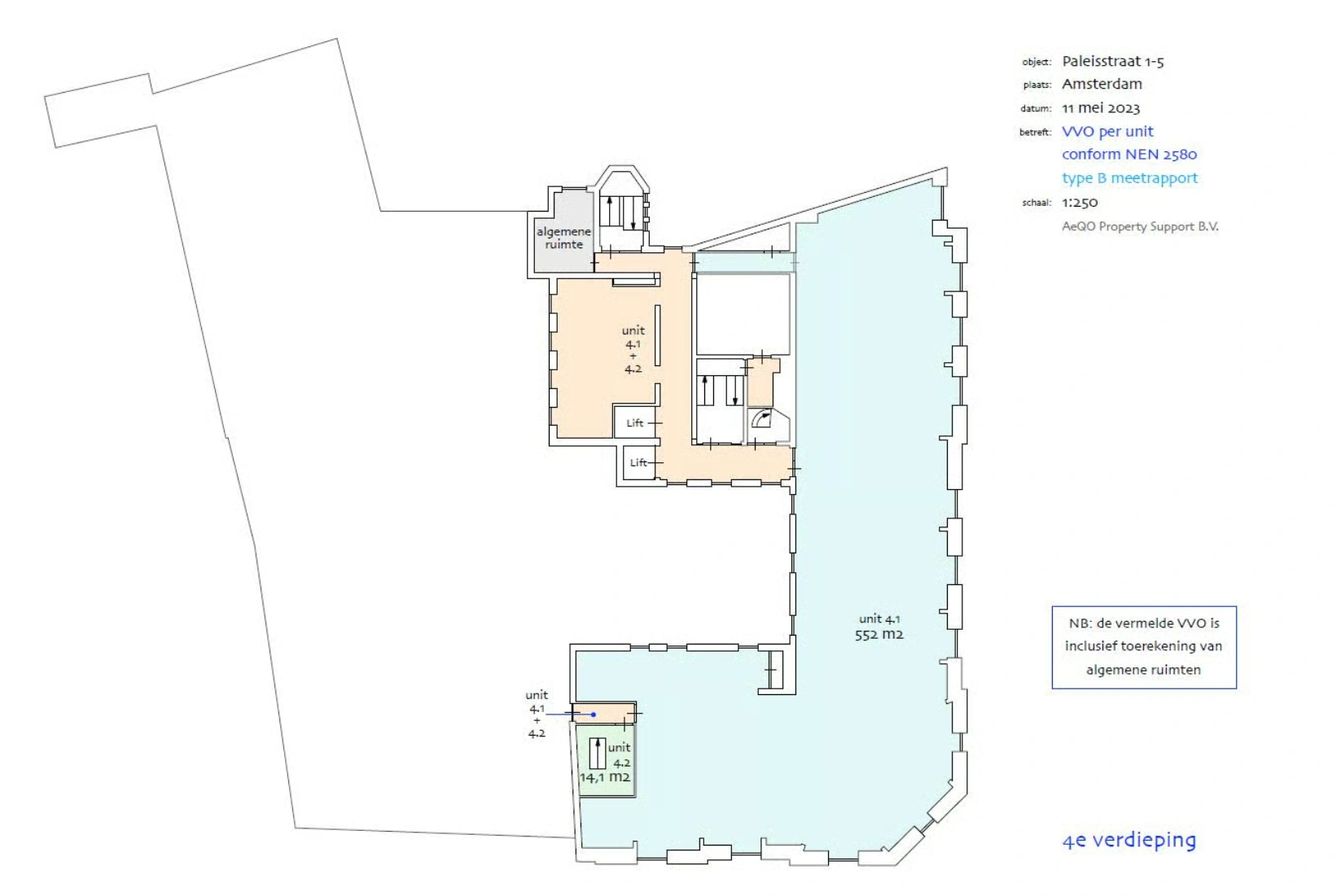 Plattegrond van de vierde verdieping van Paleisstraat 1-5 in Amsterdam met units 4.1 en 4.2 en algemene ruimten.