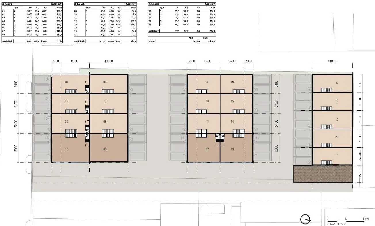Plattegrond van bedrijfsverzamelgebouw The Hub aan de Hoofdweg met units, parkeervakken en oppervlaktematen per gebouw.